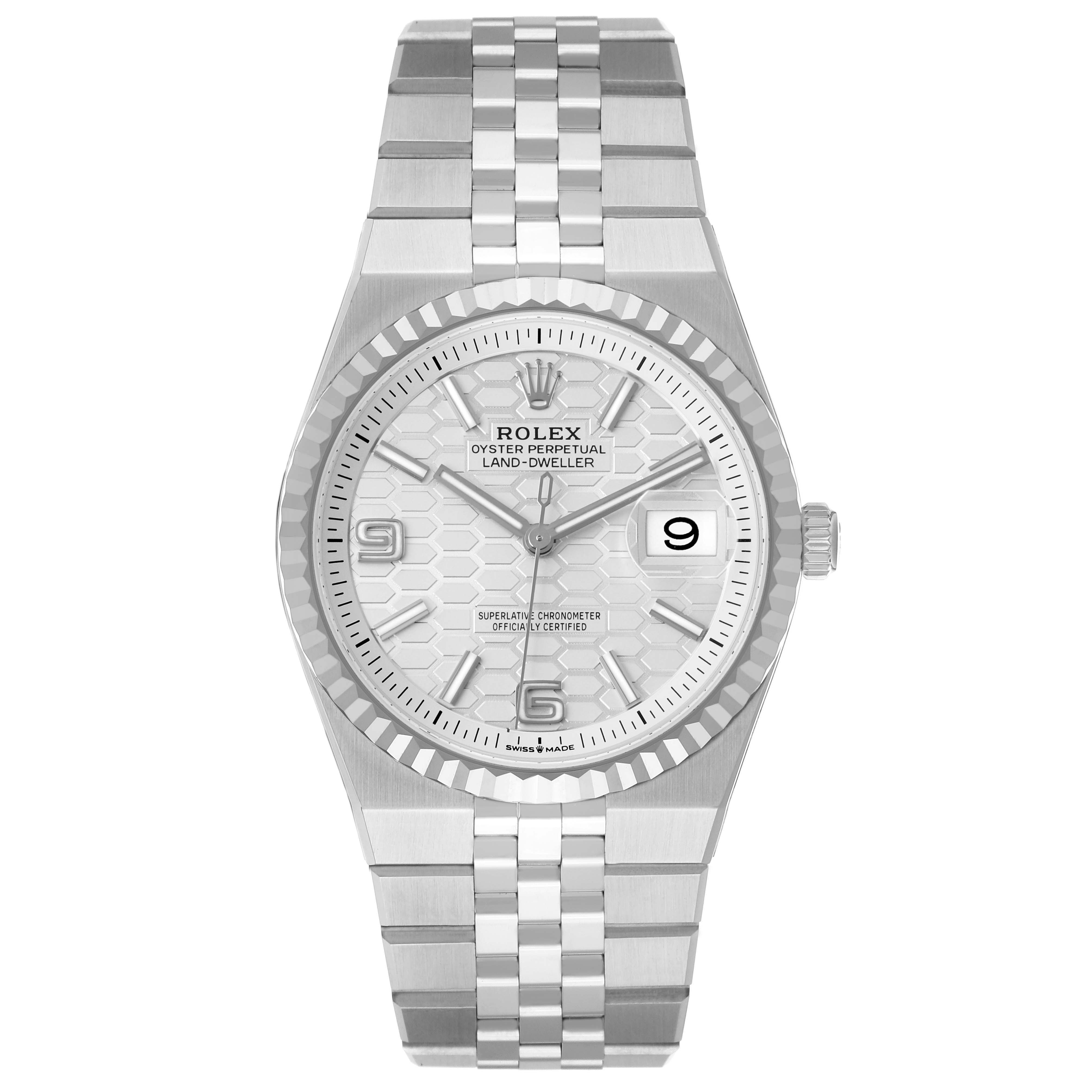 The Rolex Land‑Dweller 127234 Men's Steel and Gold (two tone) Silver Dial watch is shown from the front, highlighting the dial, bezel, and bracelet.