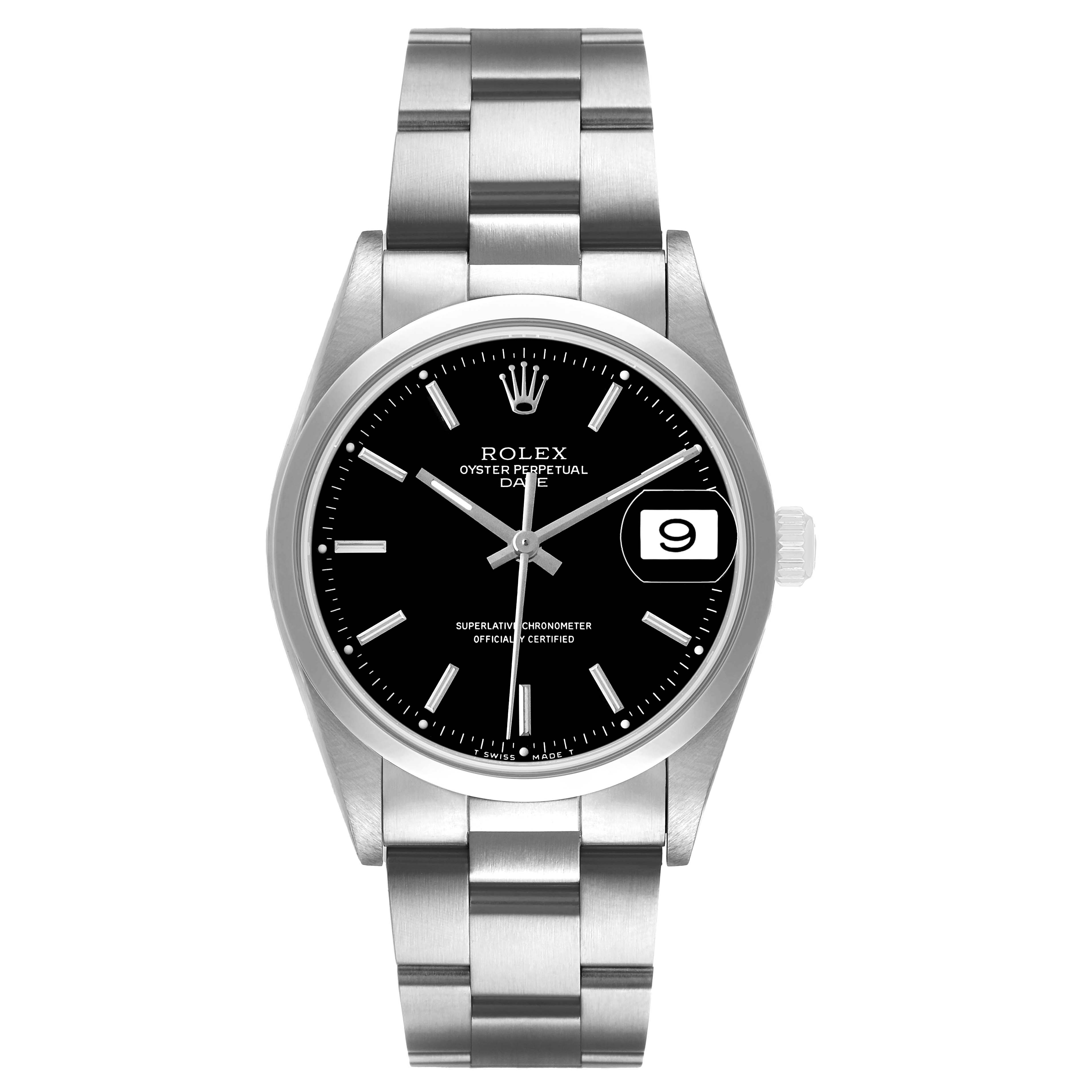The Rolex Date 15200 Men's Stainless Steel Black Dial model is shown from a front angle, displaying the dial, bezel, and bracelet.