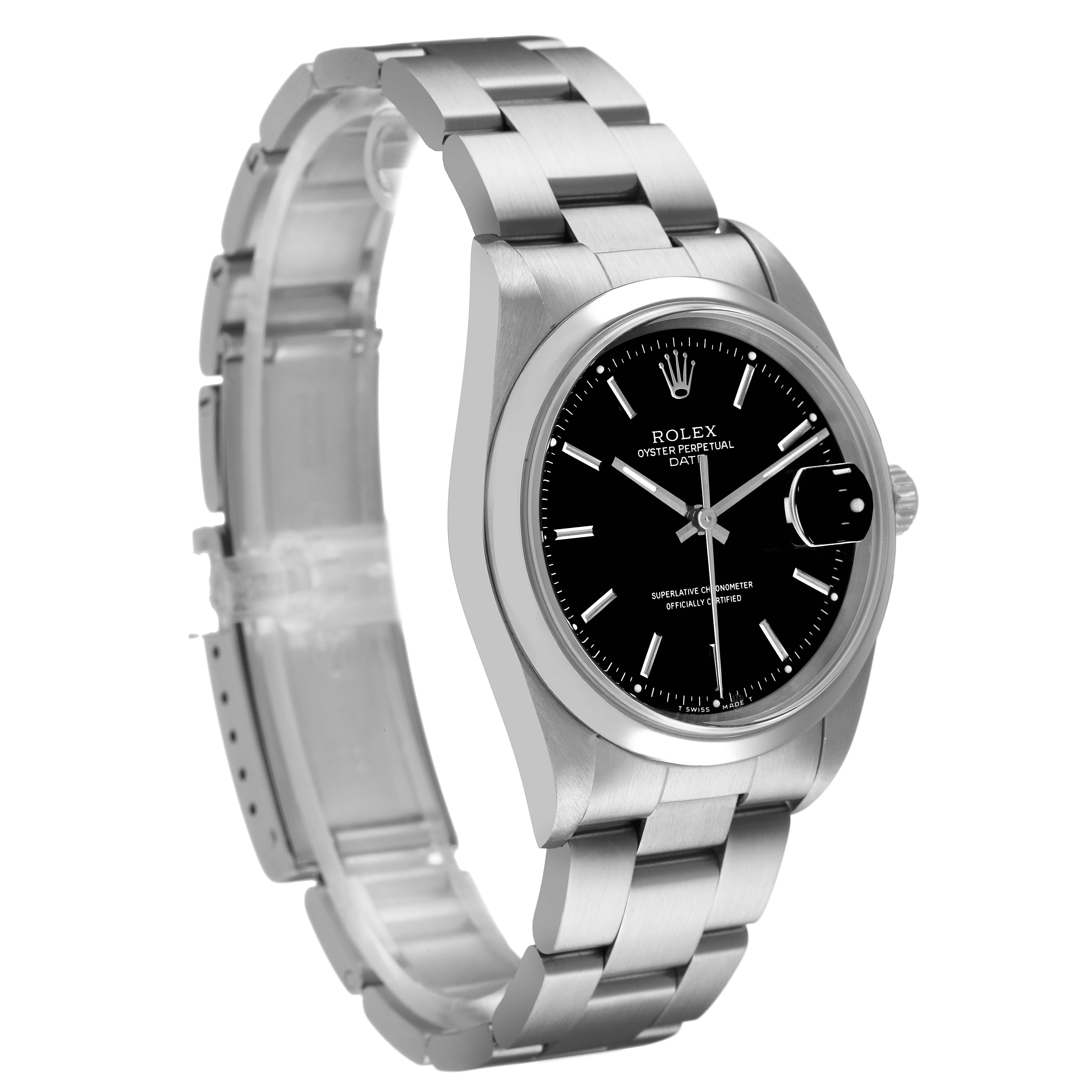 The image shows a Rolex Date 15200 Men's Stainless Steel Black Dial watch at a slight side angle, highlighting its face, bezel, case, bracelet, and crown.