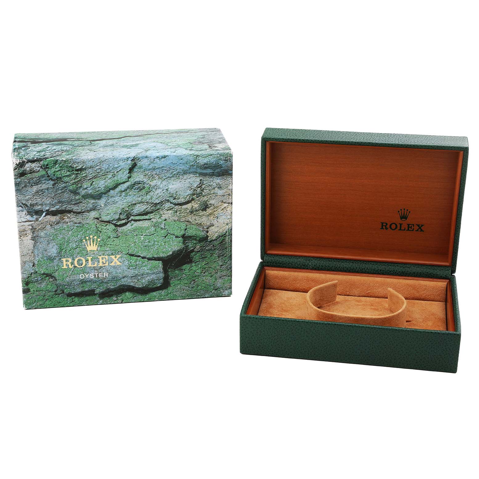 The image shows a Rolex Date 15200 Men's Stainless Steel Black Dial model watch box and packaging, including an open green box and an outer cover with a textured design.