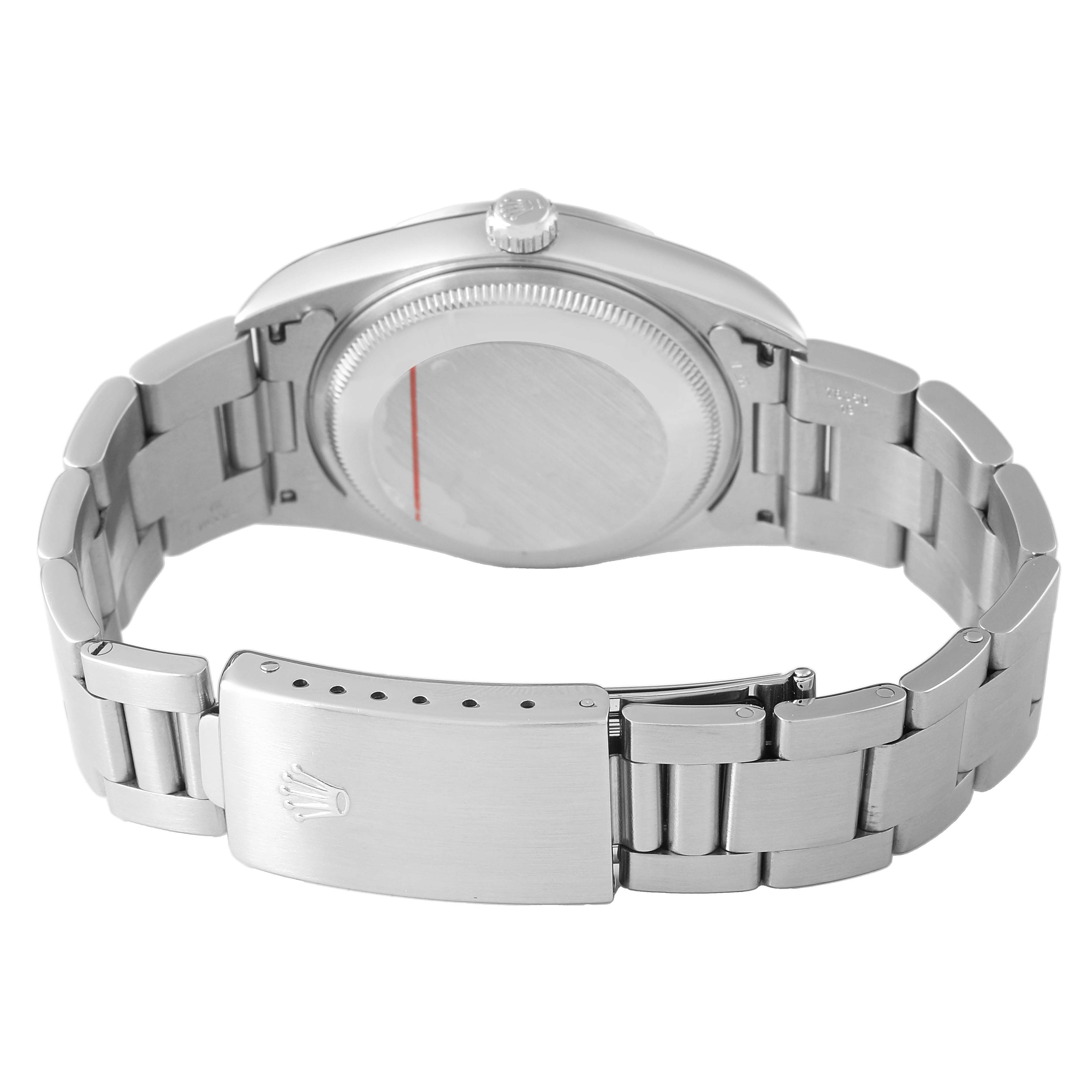 The image shows the back view of a Rolex Date 15200 Men's Stainless Steel Black Dial watch, highlighting the clasp, bracelet, and case back.