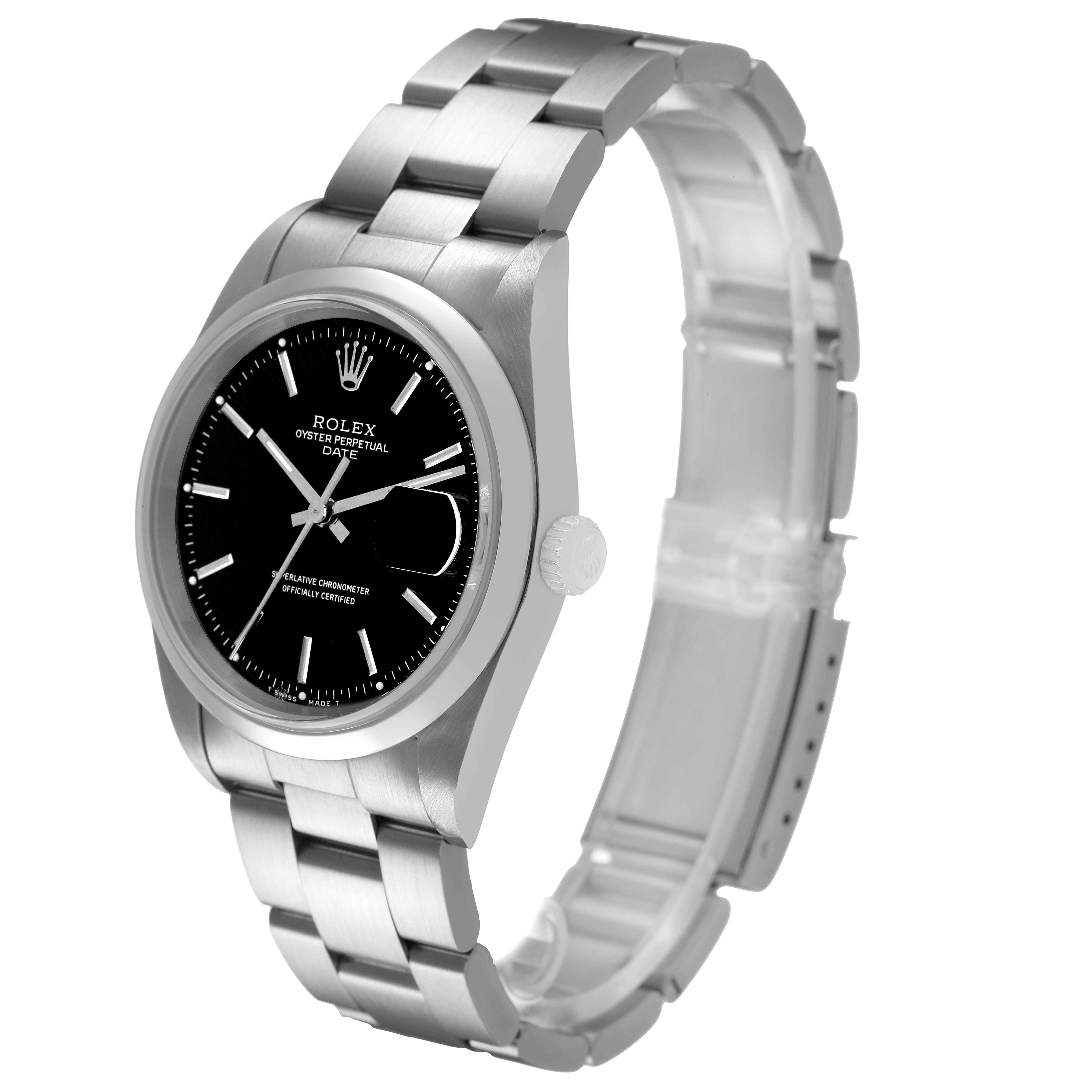 The Rolex Date 15200 Men's Stainless Steel Black Dial watch is shown at a three-quarter angle, highlighting its face, bezel, crown, and bracelet.