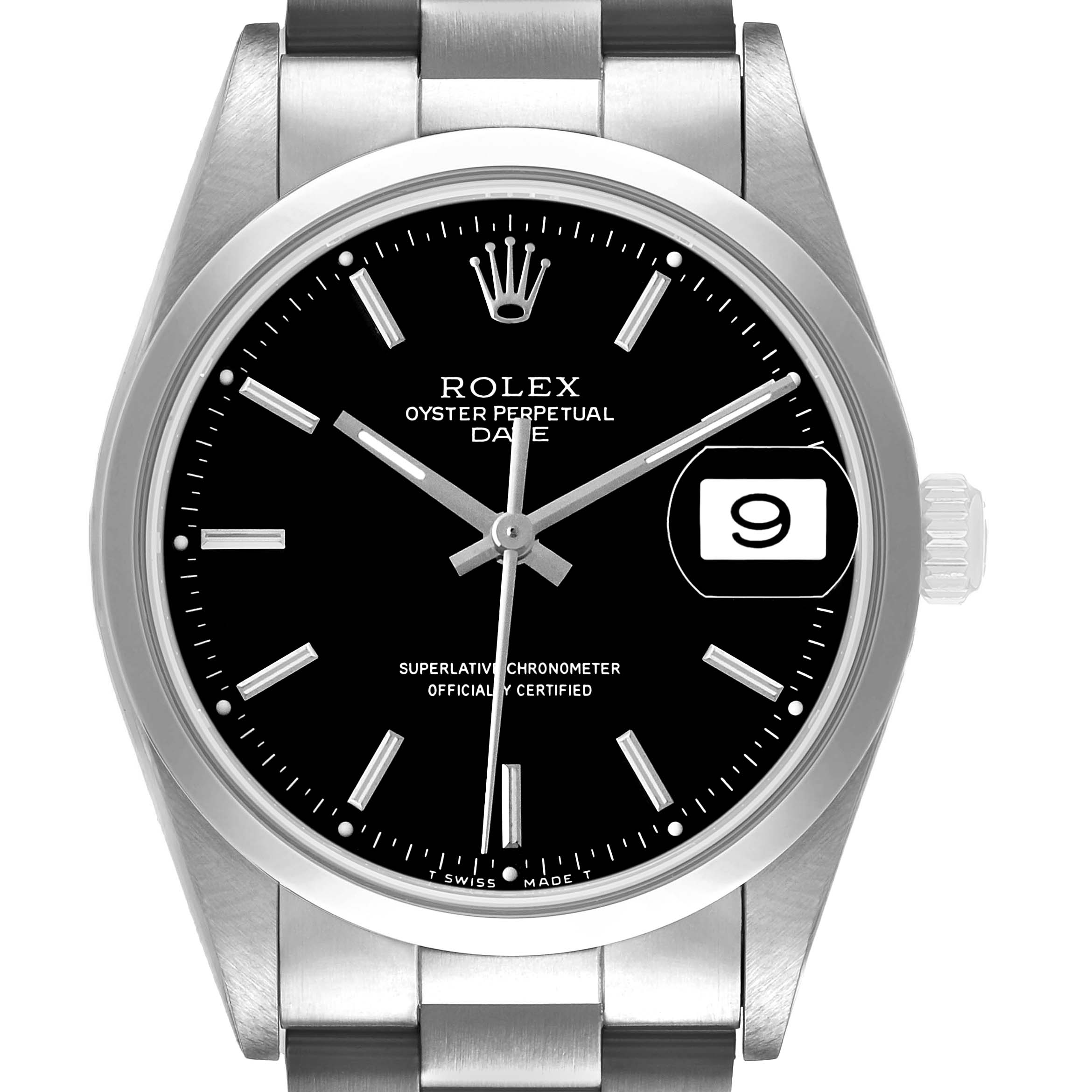 The Rolex Date 15200 Men's Stainless Steel Black Dial model watch is shown from the front, displaying the dial, bezel, case, crown, and part of the bracelet.