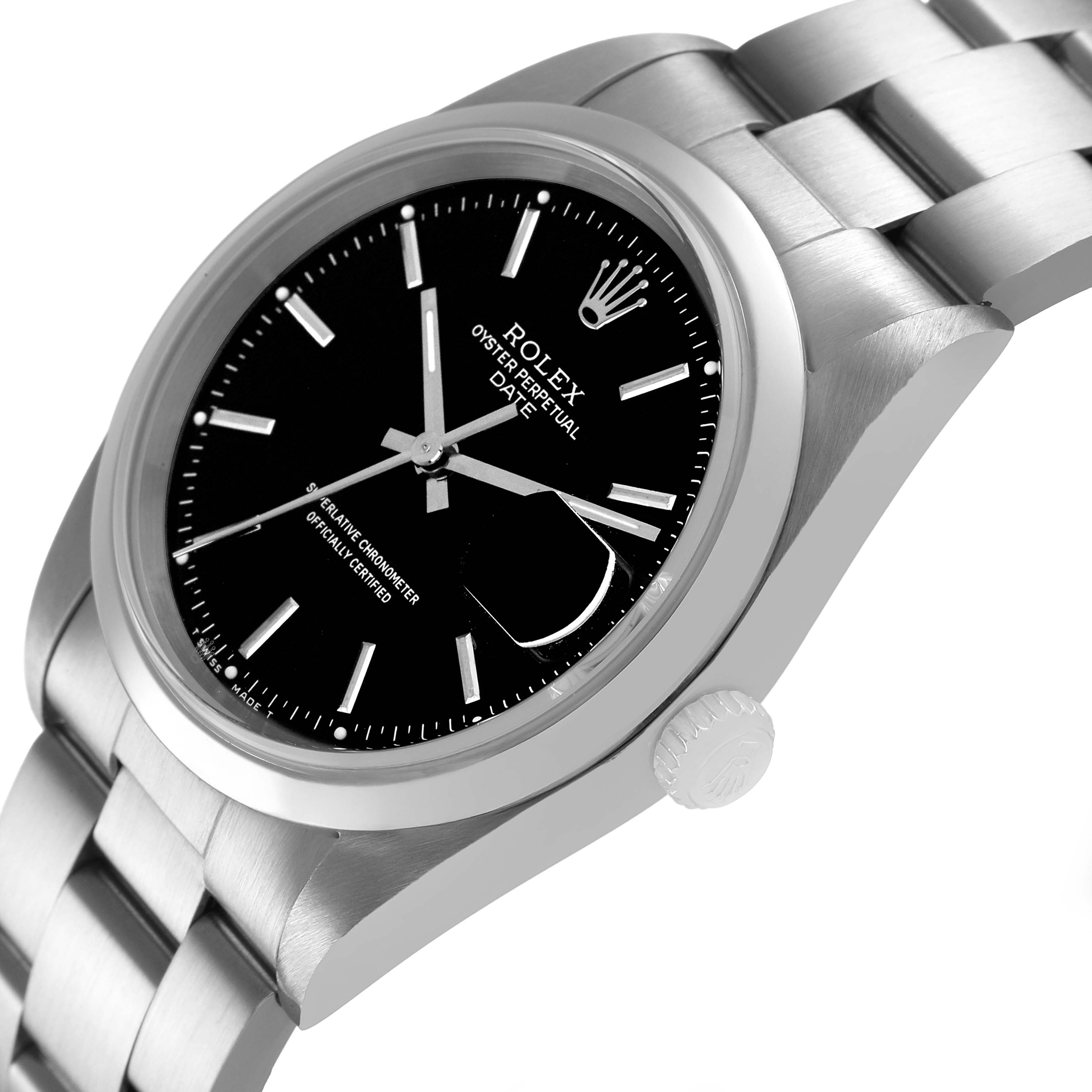 The Rolex Date 15200 Men's Stainless Steel Black Dial watch is shown at a slight angle highlighting the face, bezel, crown, and part of the bracelet.