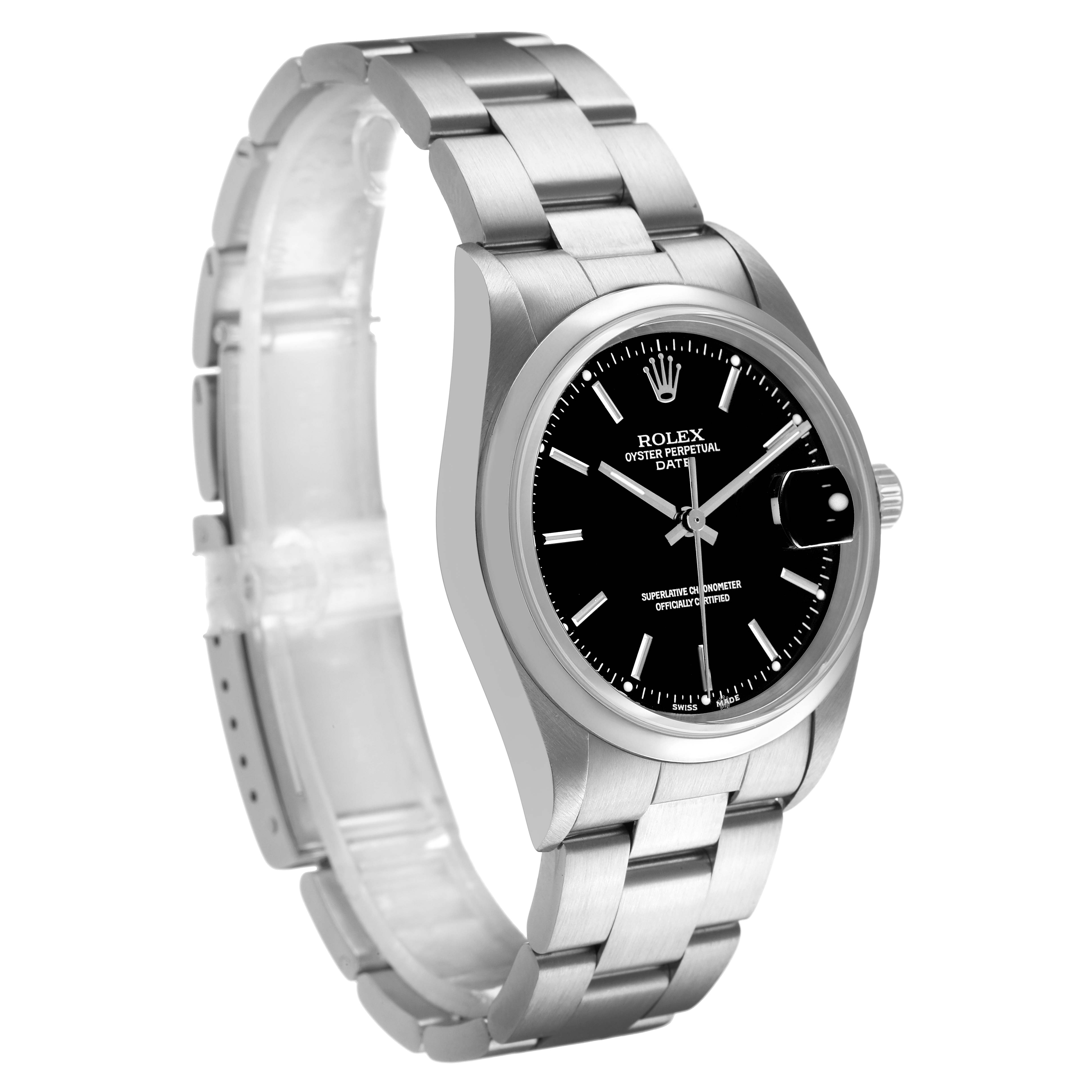 The Rolex Date 15200 Men's Stainless Steel Black Dial model watch is shown at a three-quarter angle, displaying the face, crown, bracelet, and cyclops lens.