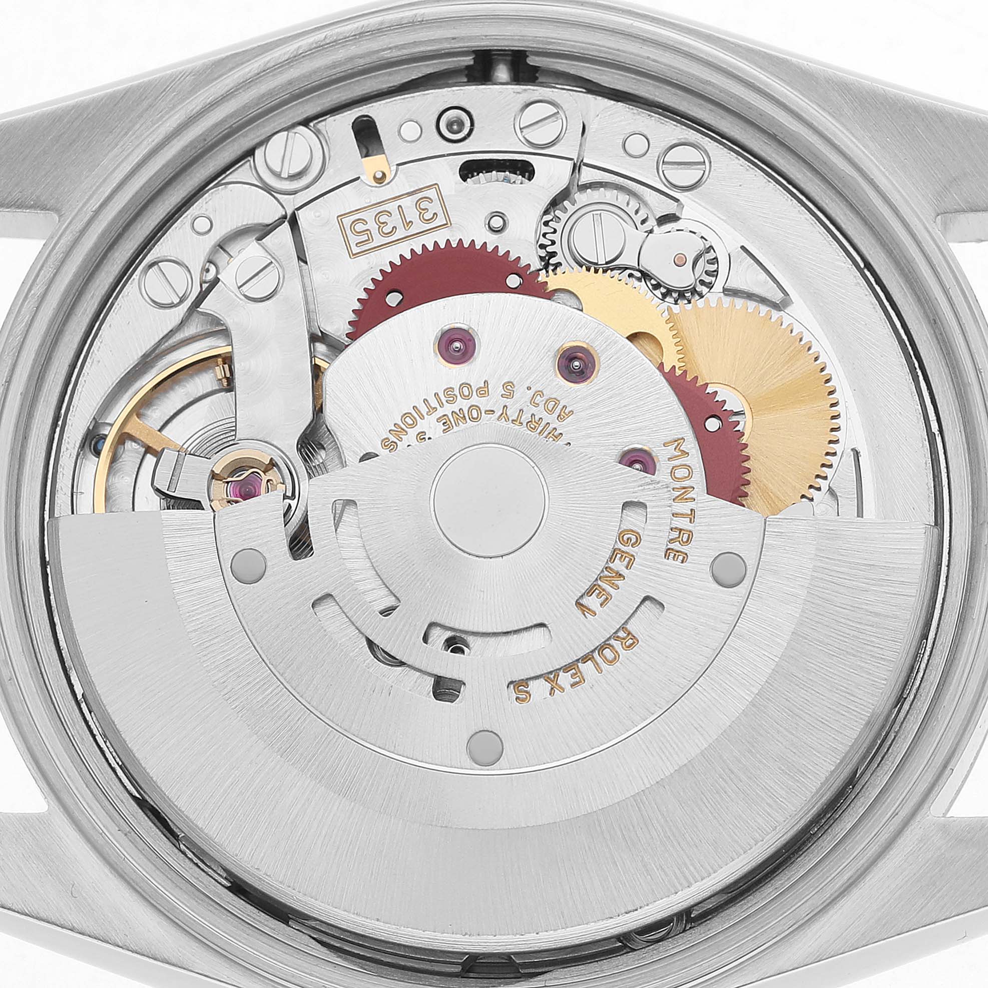 The image shows the movement of a Rolex Date 15200 Men's Stainless Steel Black Dial model watch from the back, highlighting gears and mechanisms.