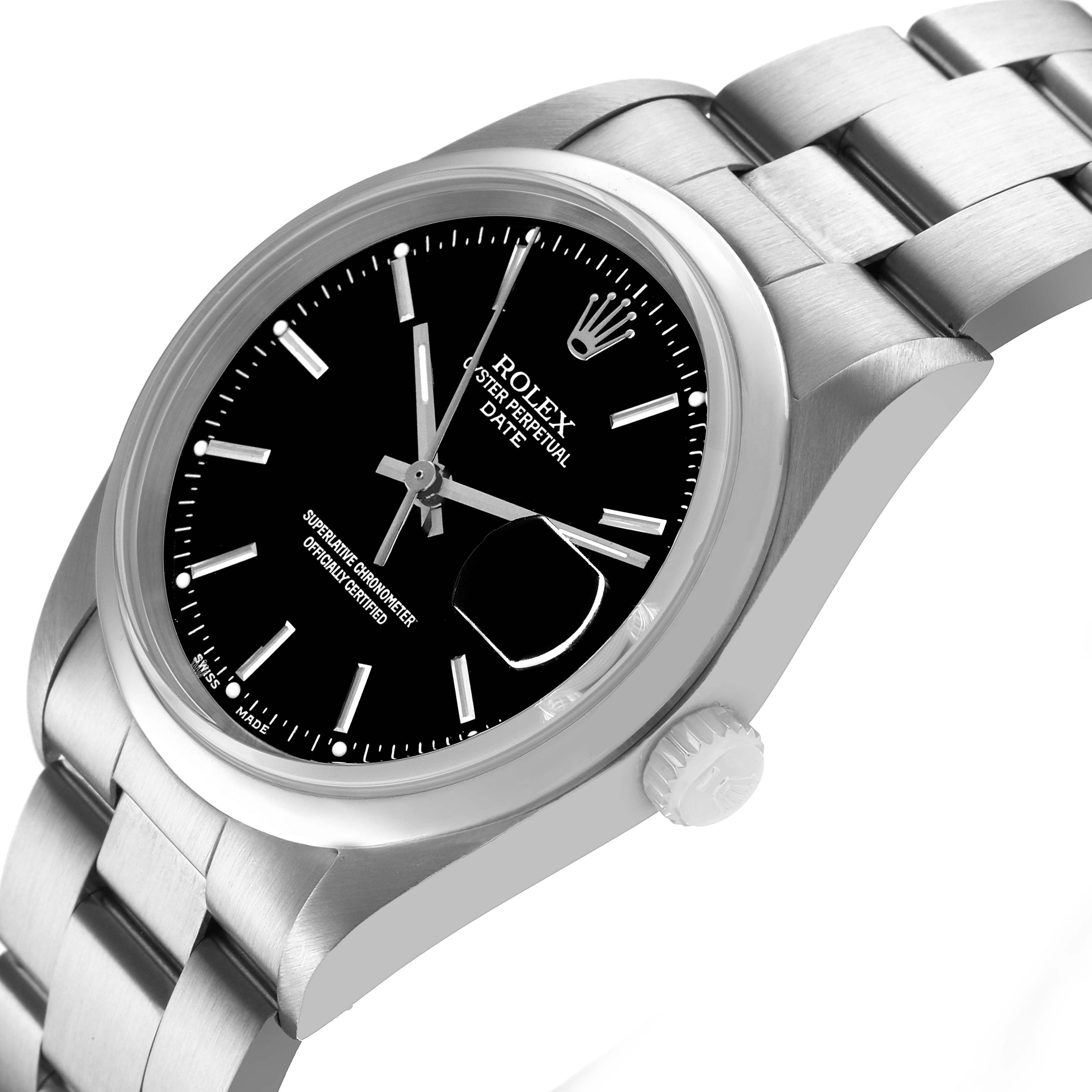 The image shows a Rolex Date 15200 Men's Stainless Steel Black Dial watch at an angled view, highlighting the black dial, bracelet, bezel, and crown.