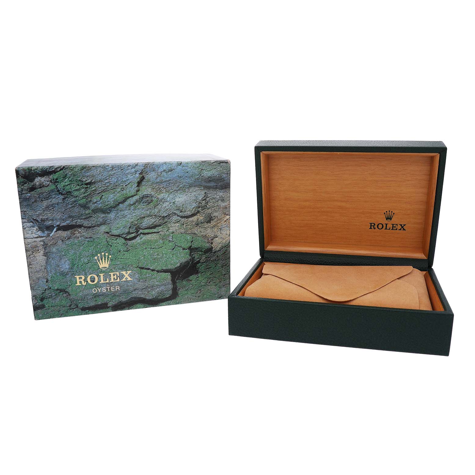 The image shows a Rolex Date 15200 Men's Stainless Steel Black Dial model box and outer packaging, including a green and textured design with the Rolex logo.