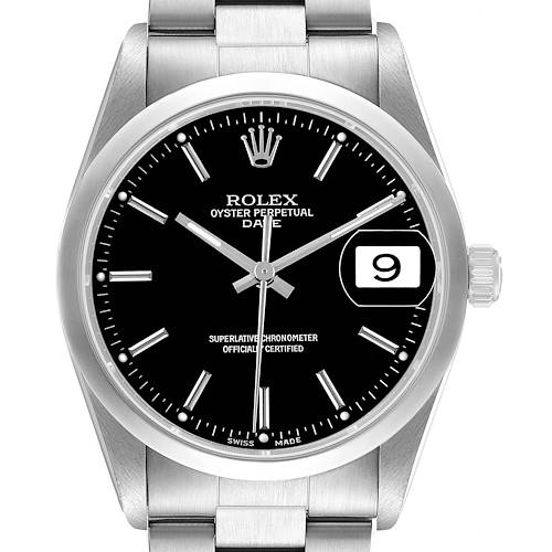 The Rolex Date 15200 Men's Stainless Steel Black Dial model watch is shown from a front-facing angle, displaying its black dial, hands, date window, and case.