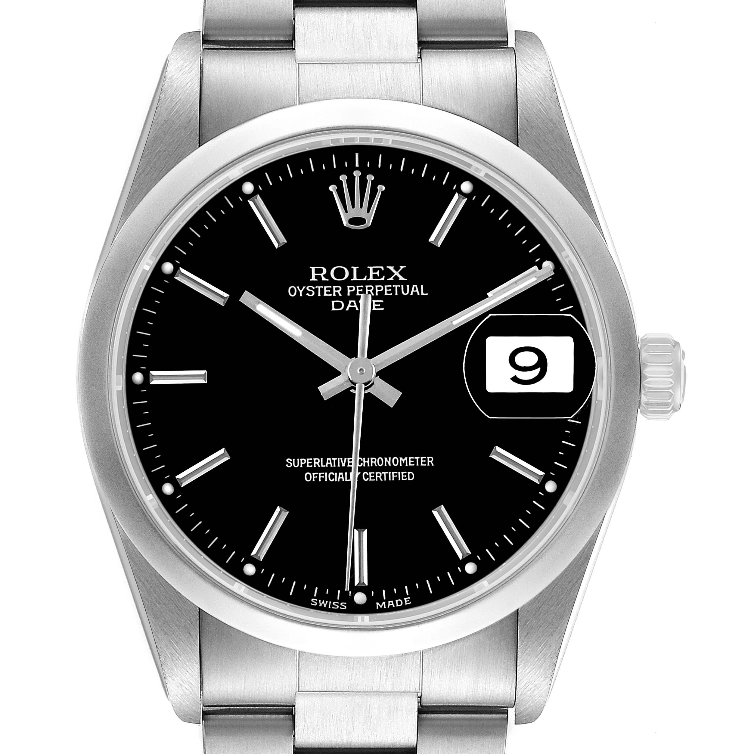 The image shows a Rolex Date 15200 Men's Stainless Steel Black Dial model watch from a front angle, highlighting the dial, hands, case, bezel, and part of the bracelet.