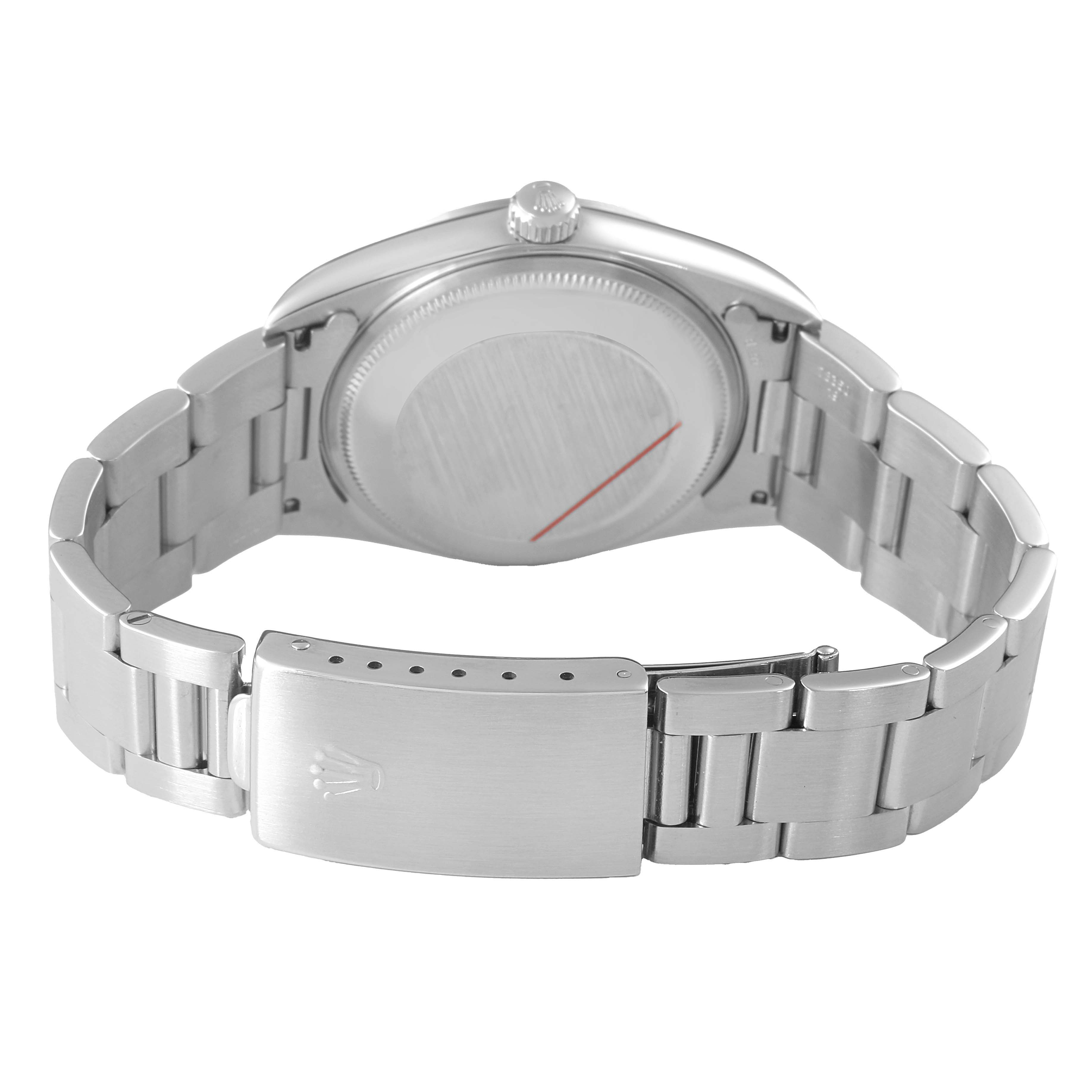 The image shows the back, case, and clasp of a Rolex Date 15200 Men's Stainless Steel Black Dial model watch, highlighting its bracelet and clasp details.