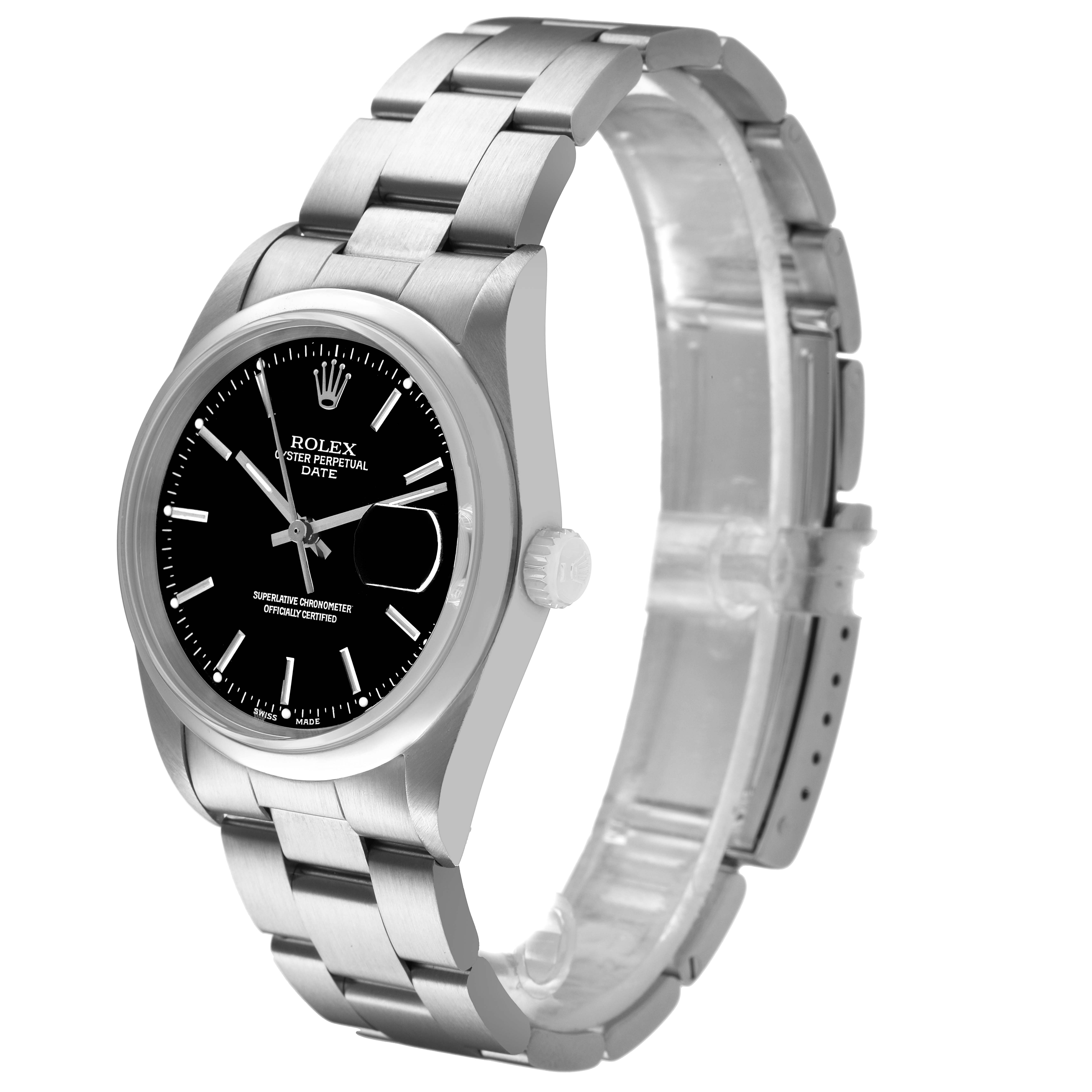 The Rolex Date 15200 Men's Stainless Steel Black Dial watch is shown at an angle, displaying the face, case, crown, and bracelet prominently.