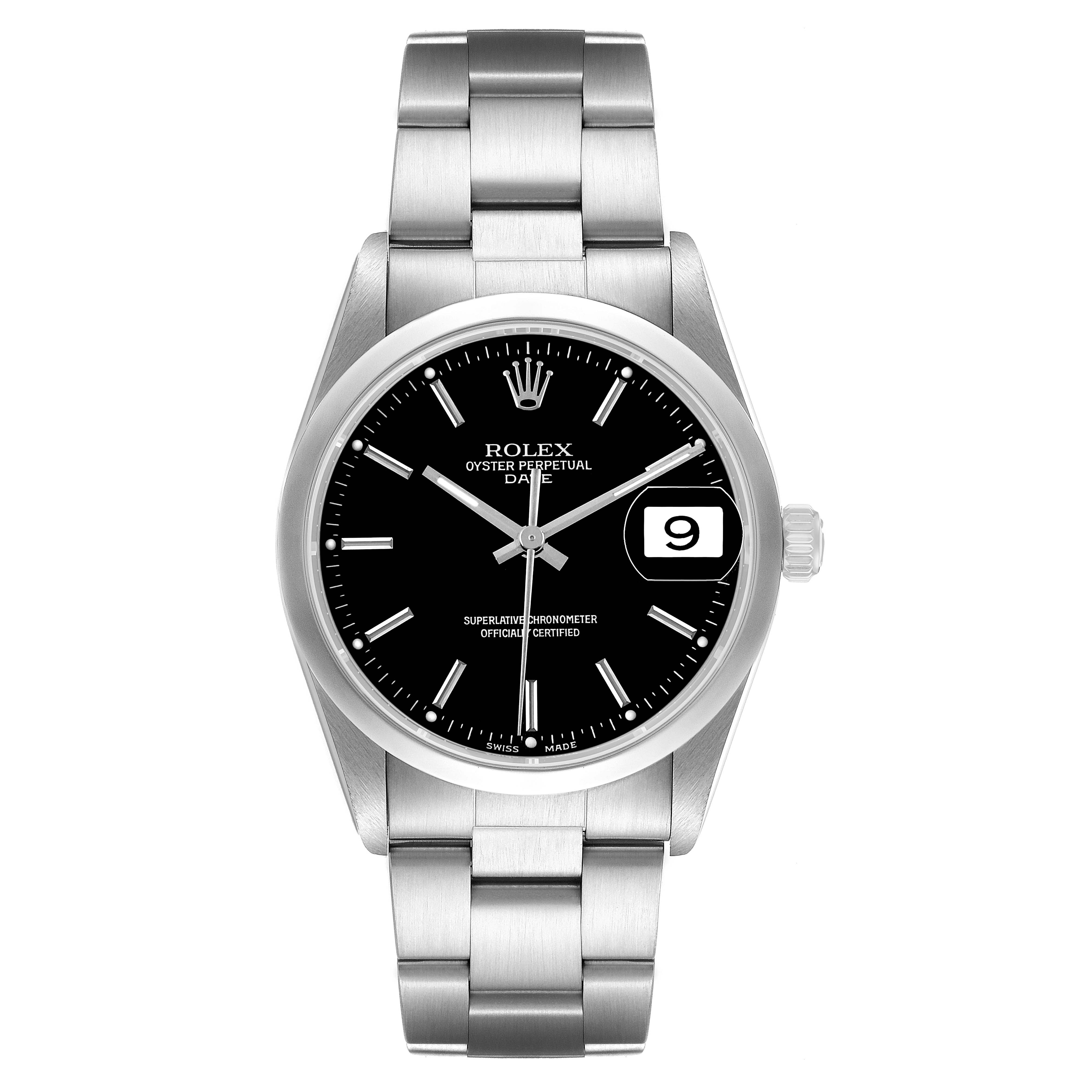 The Rolex Date 15200 Men's Stainless Steel Black Dial watch is shown from the front, highlighting the dial, bezel, bracelet, and crown.