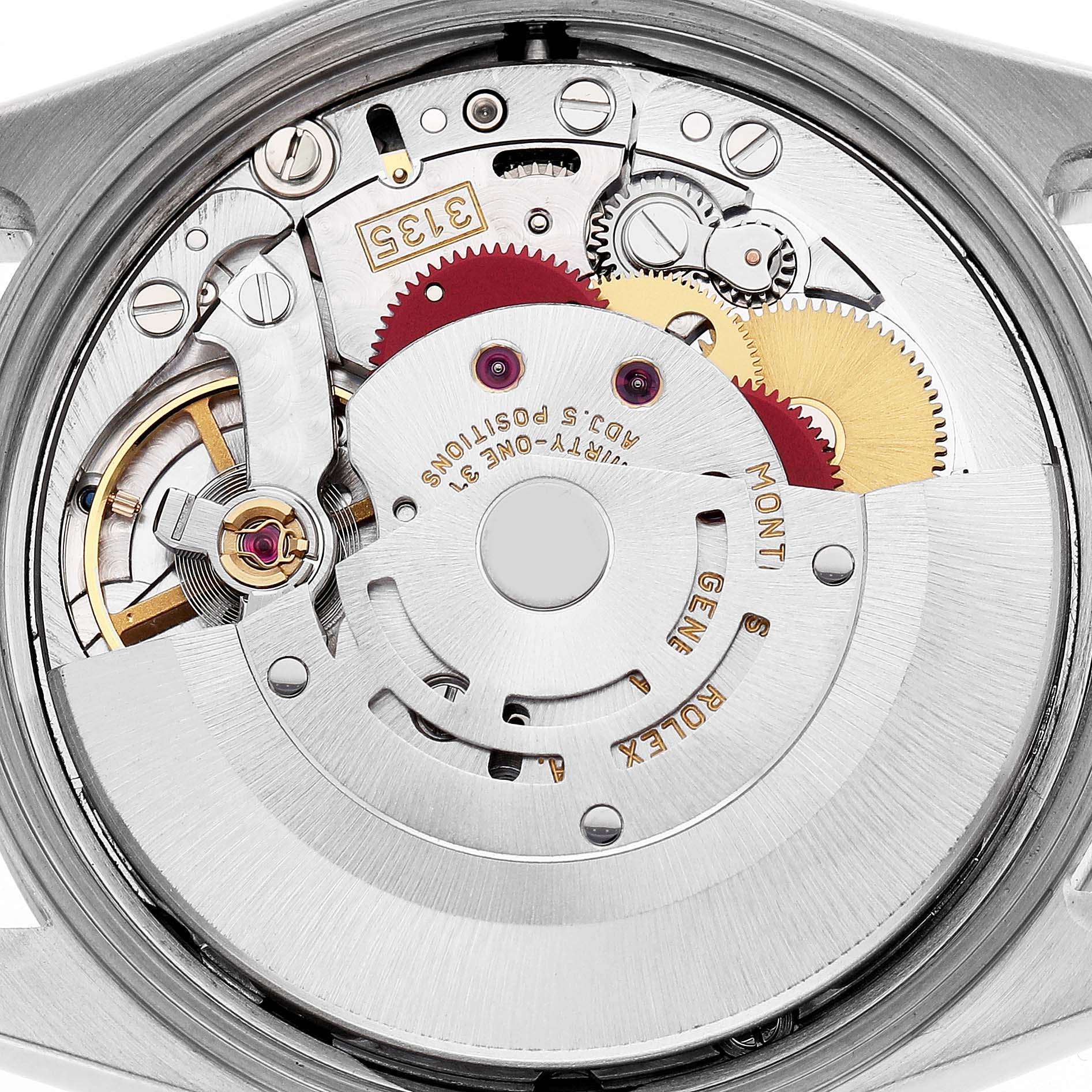 The image shows the detailed movement mechanism of a Rolex Oyster Perpetual 15200 Men's Stainless Steel Black Dial watch from a direct top-down angle.