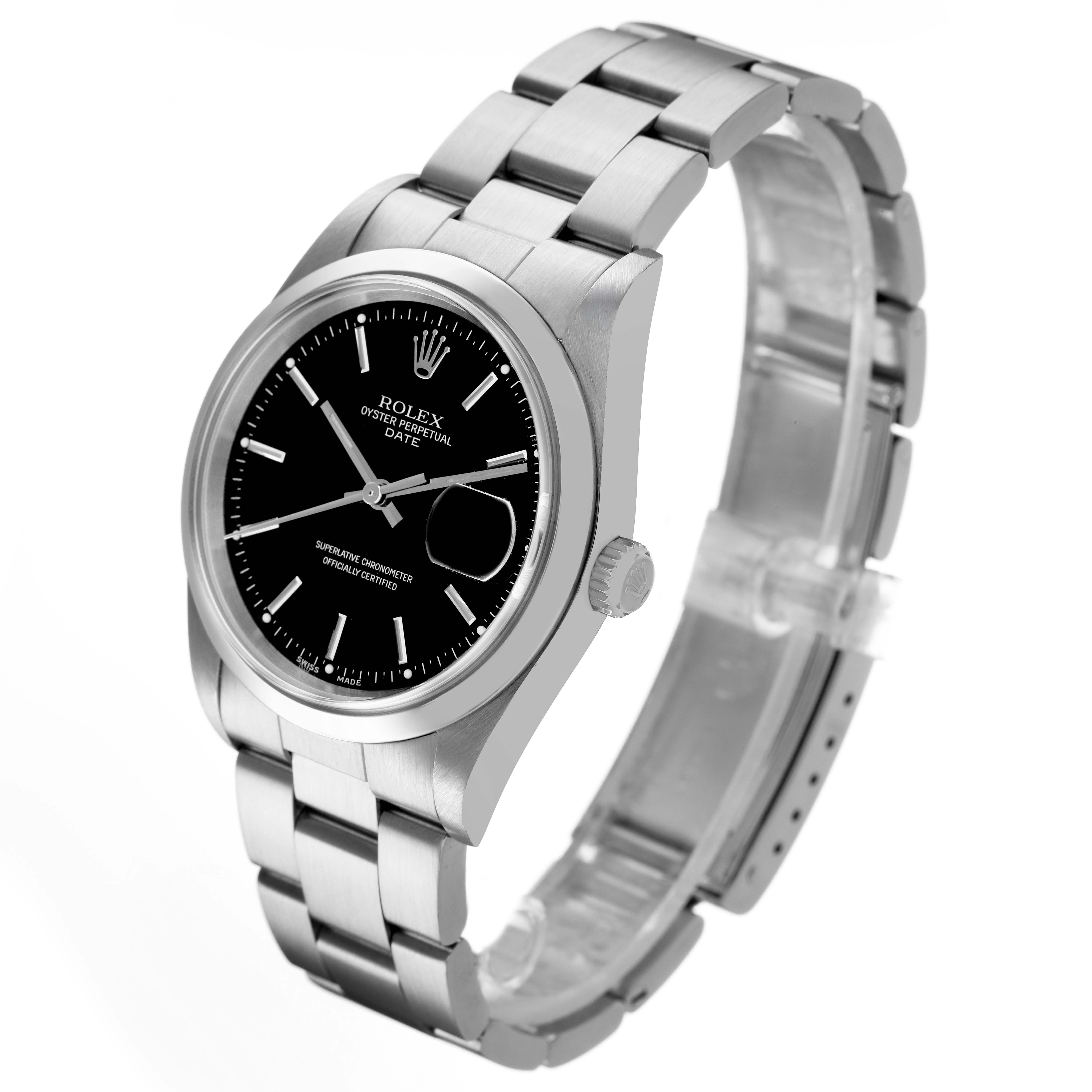 The Rolex Oyster Perpetual 15200 Men's Stainless Steel Black Dial watch is shown at a three-quarter angle, highlighting the face, bezel, crown, and bracelet.