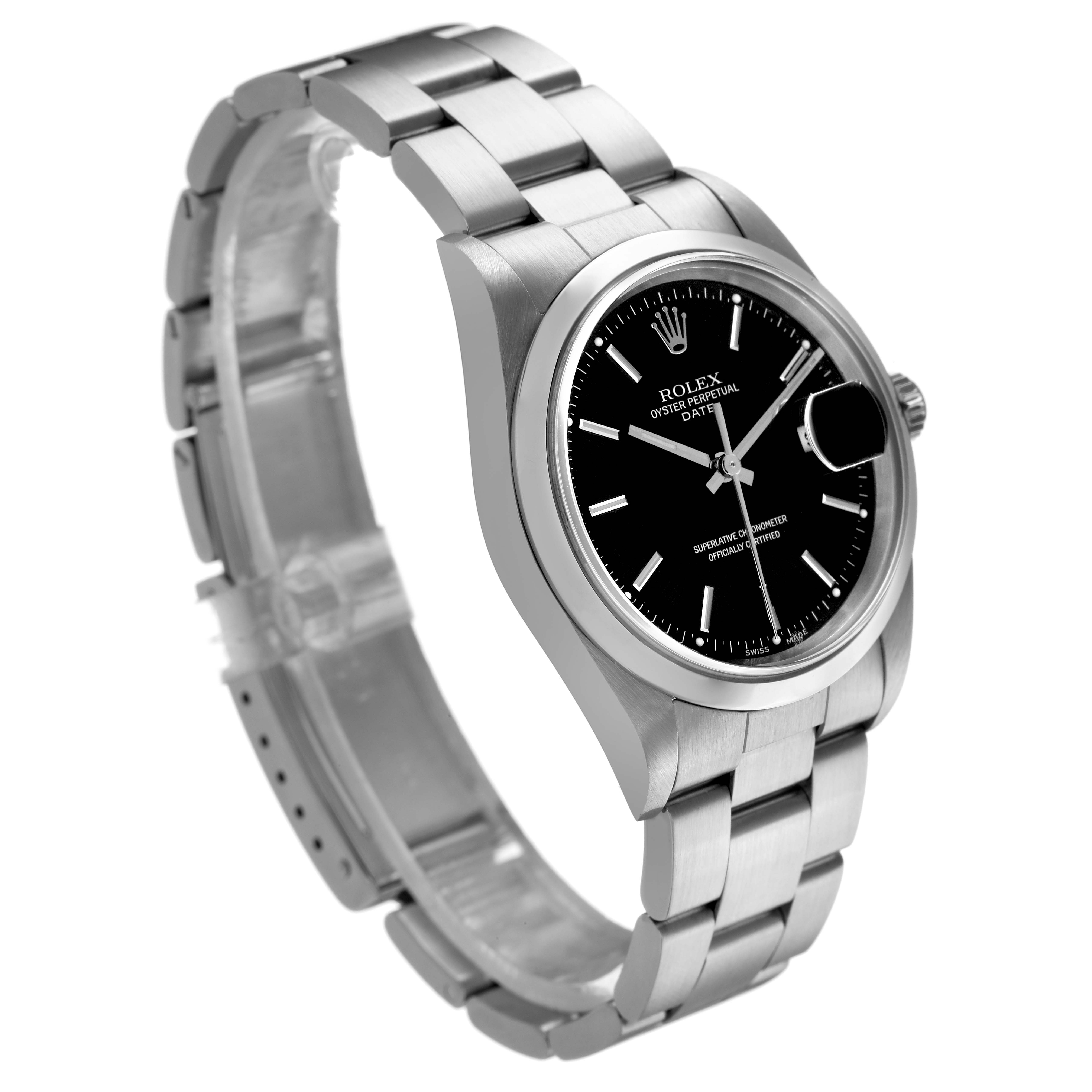 The Rolex Oyster Perpetual 15200 Men's Stainless Steel Black Dial watch is shown at a slight angle, highlighting the black dial, bracelet, and side crown.