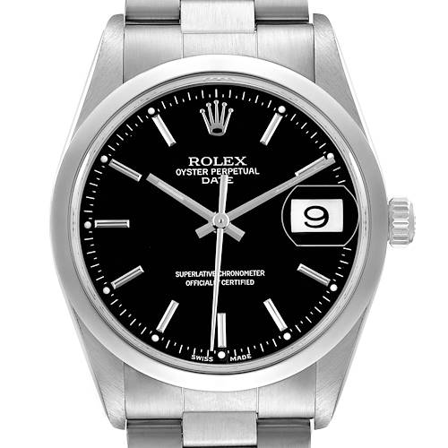 The Rolex Oyster Perpetual 15200 Men's Stainless Steel Black Dial watch is shown from the front, highlighting the dial, hands, date window, and bracelet.