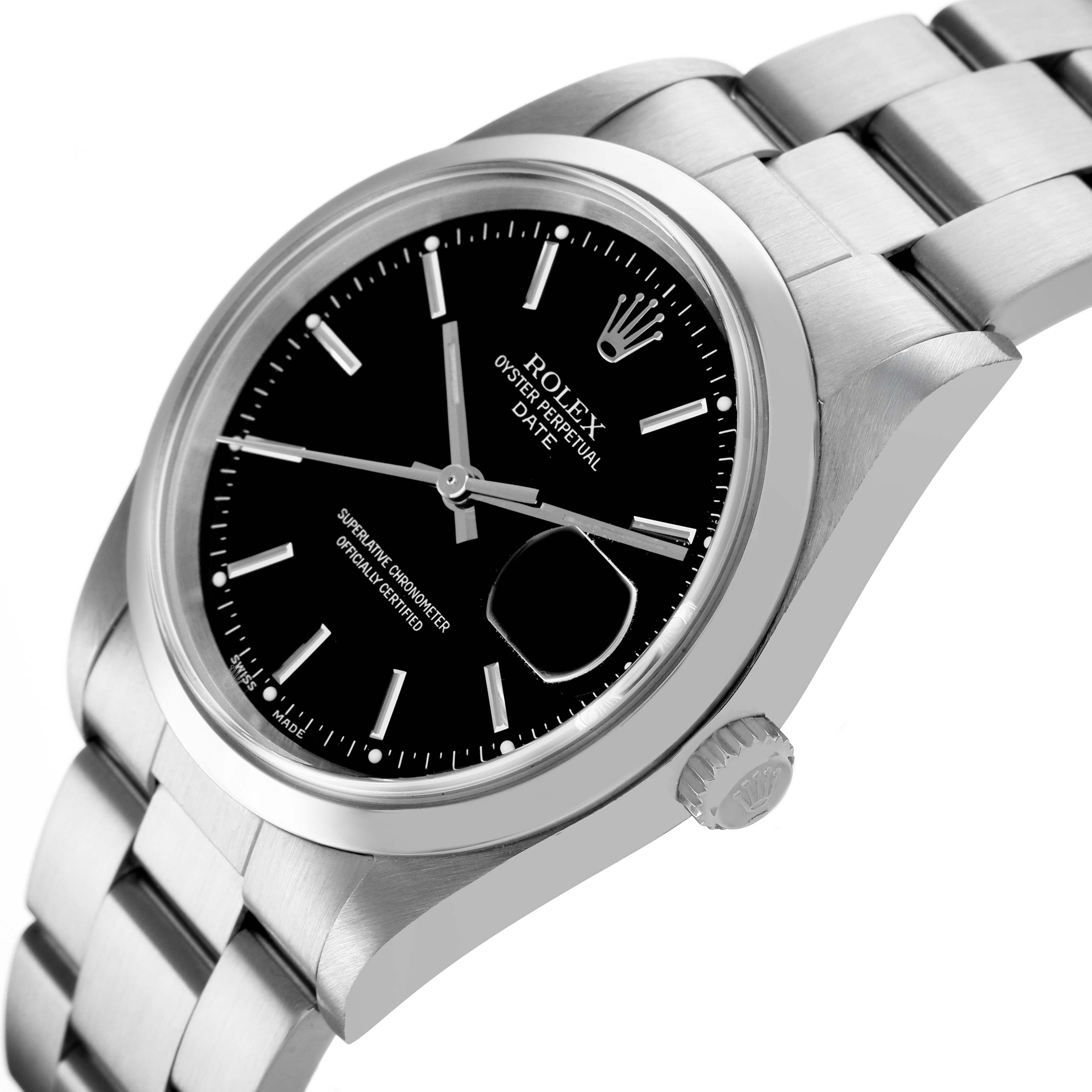 The image shows a side angle of a Rolex Oyster Perpetual 15200 Men's Stainless Steel Black Dial watch, highlighting the bracelet, case, and dial.