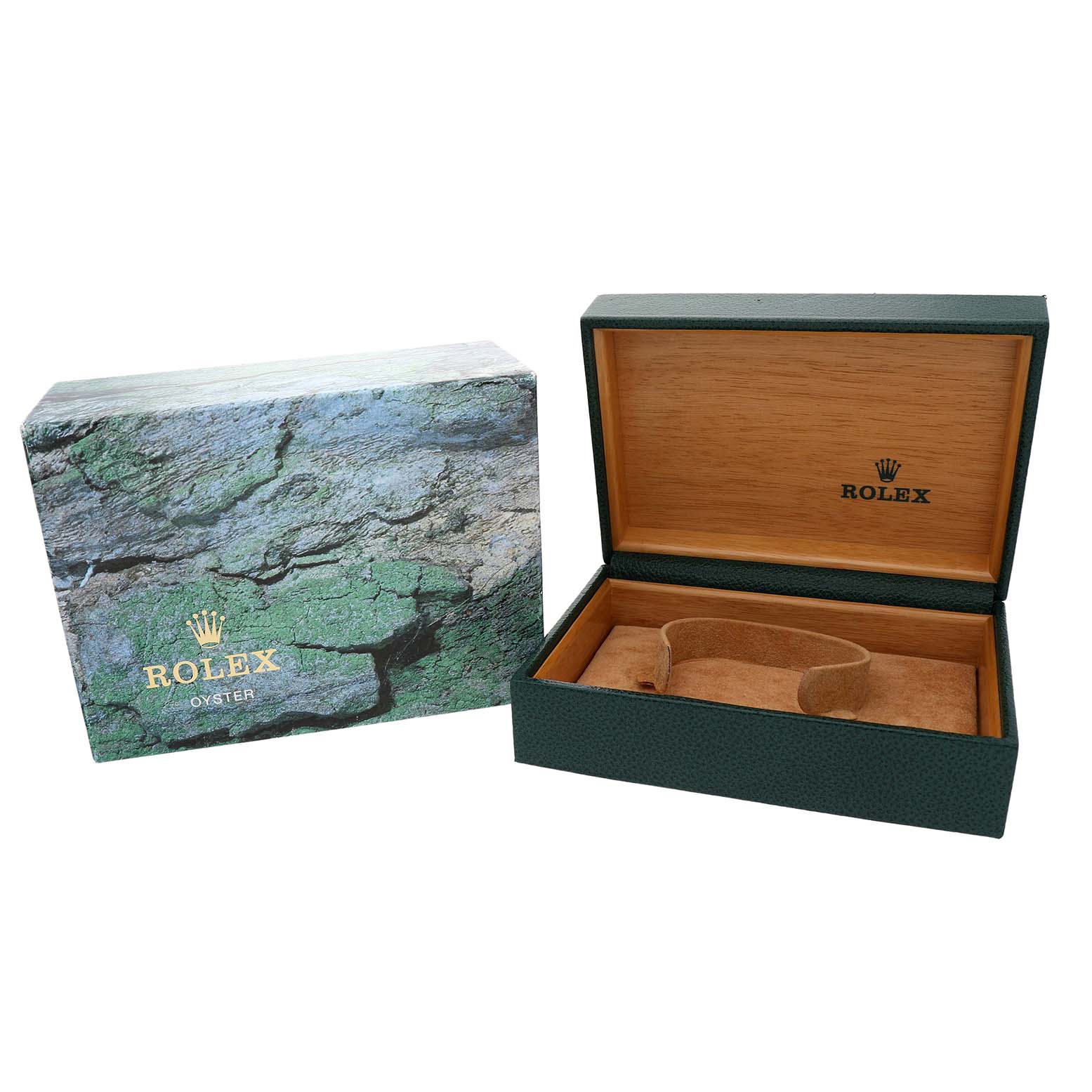 The image shows a Rolex Oyster Perpetual 15200 Men's Stainless Steel Black Dial watch box and its opened case from an angled view, highlighting its exterior and interior design.