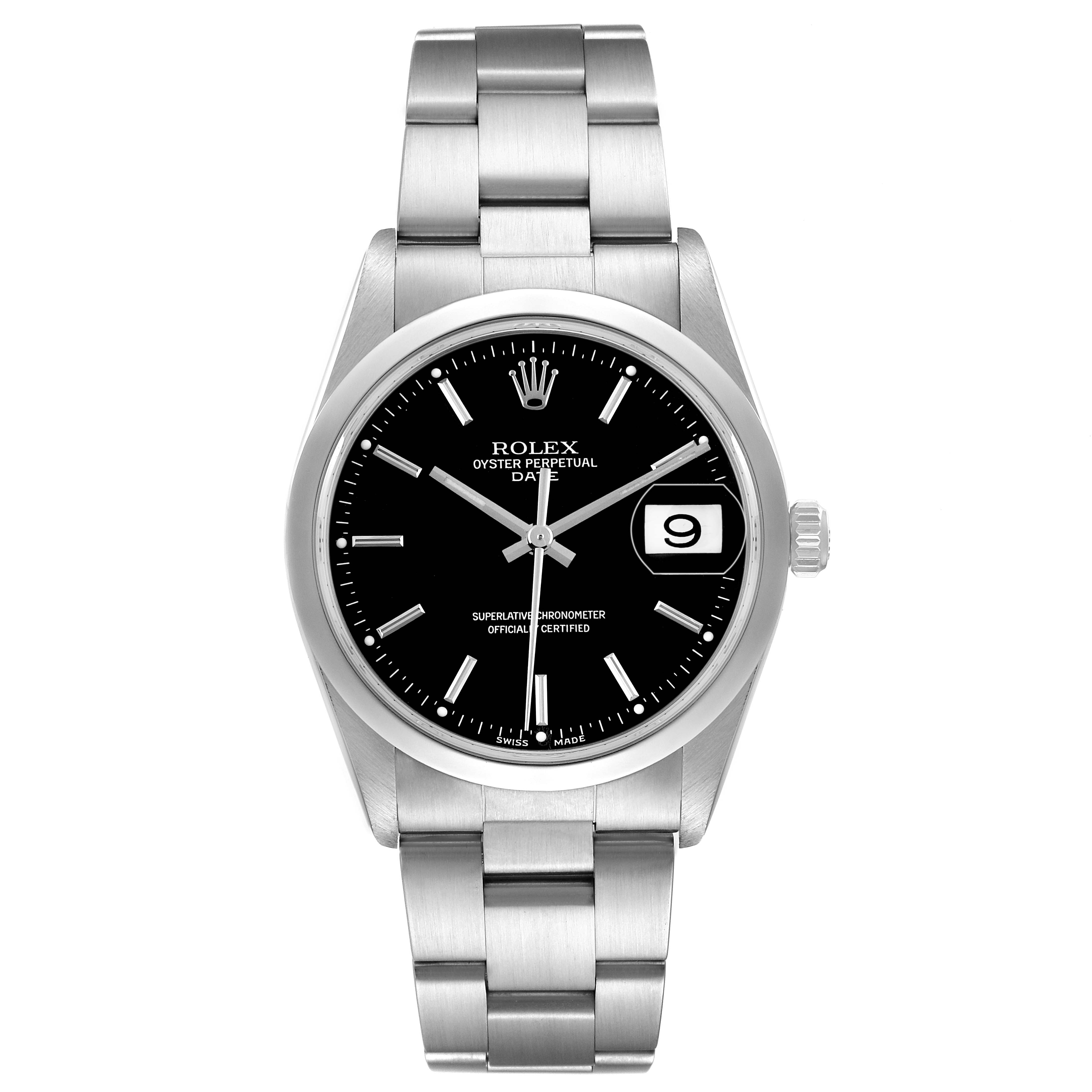The Rolex Oyster Perpetual 15200 Men's Stainless Steel Black Dial watch is shown from a front angle, displaying the dial, bracelet, and crown.