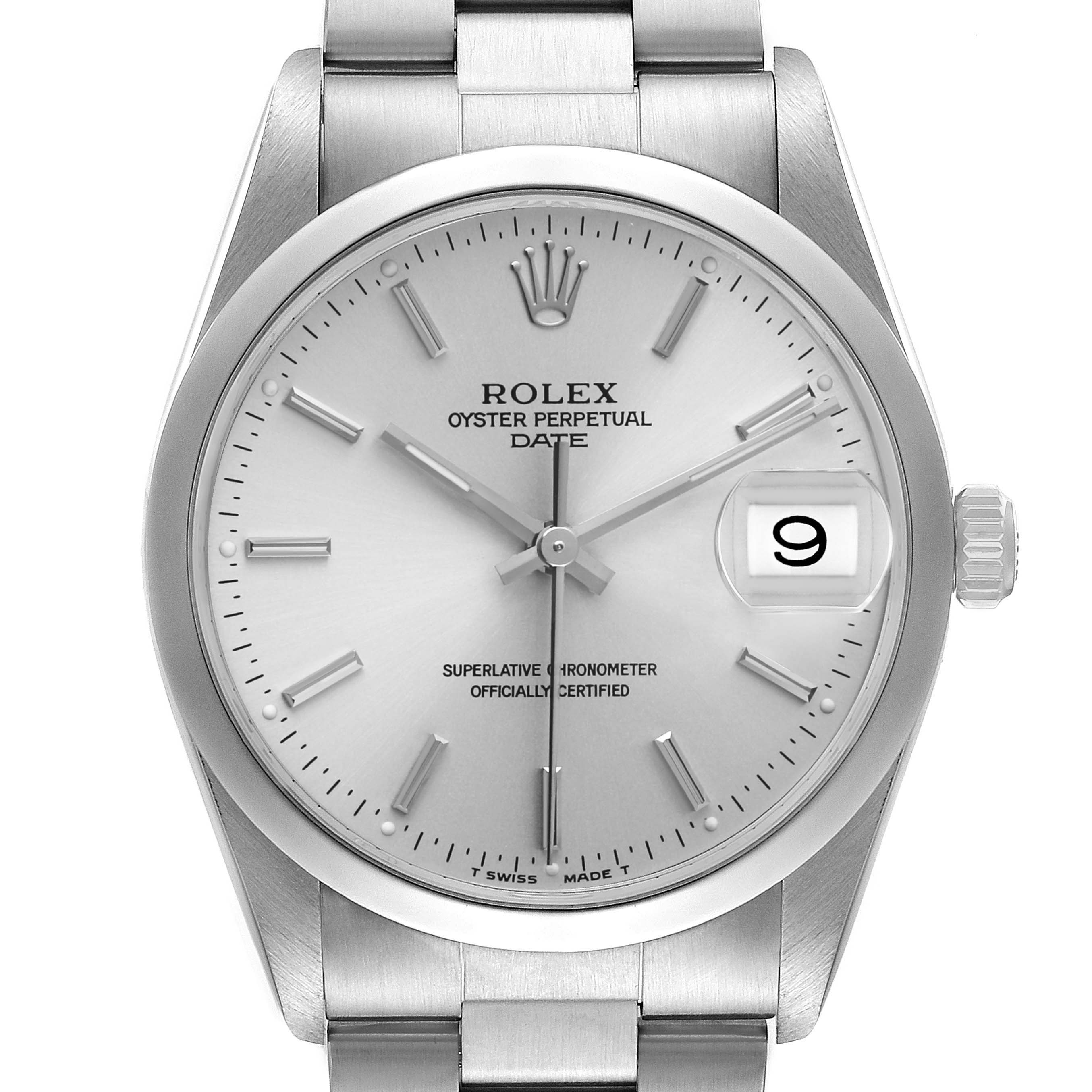 The image shows a frontal view of the Rolex Date 15200 Men's Stainless Steel Silver Dial watch, highlighting its silver dial, date window, and stainless steel bracelet.