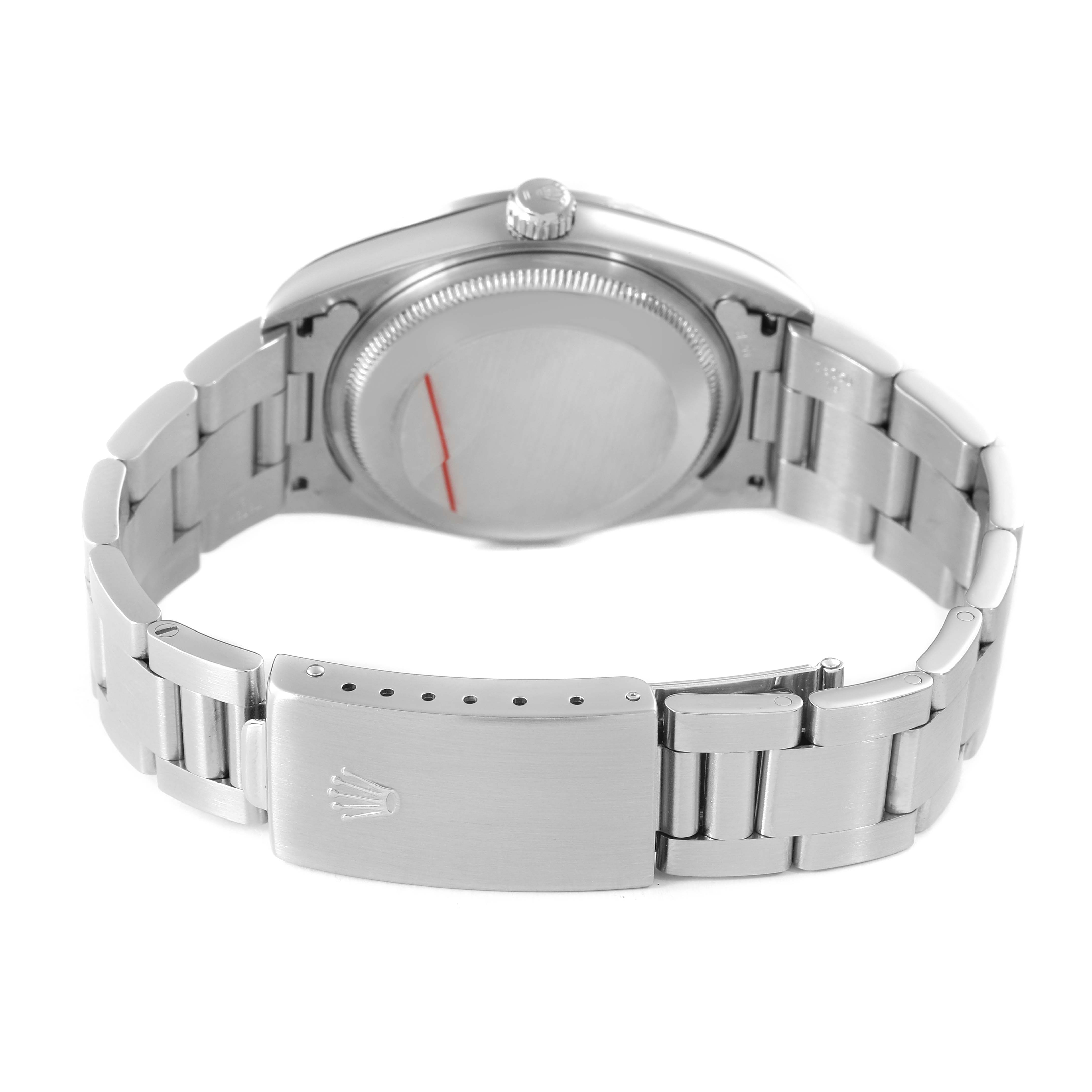 The image shows the back of a Rolex Date 15200 Men's Stainless Steel Silver Dial, highlighting the clasp, bracelet, and case back from a rear angle.