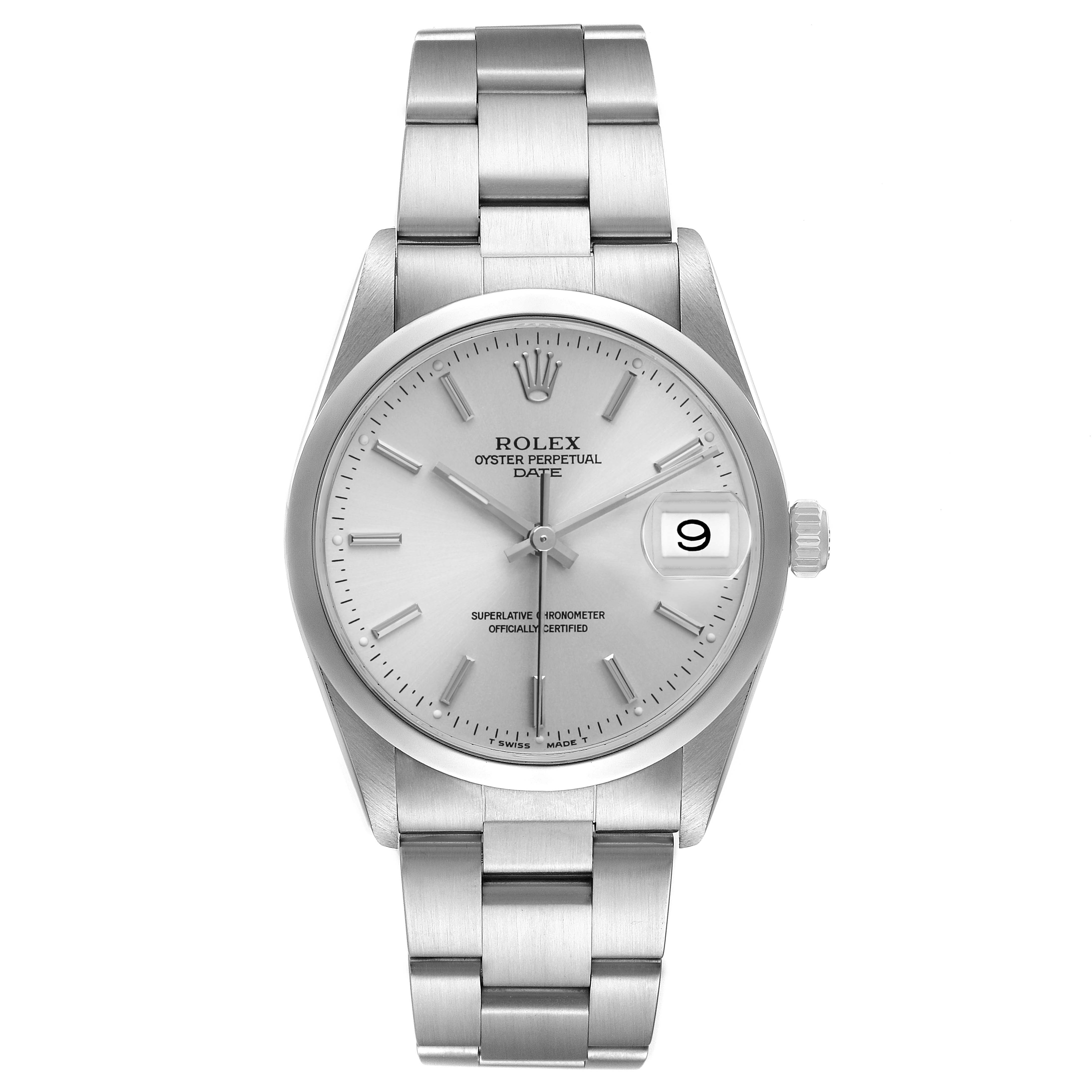 The Rolex Date 15200 Men's Stainless Steel Silver Dial model watch is shown from a direct frontal angle, displaying its face and metal bracelet.