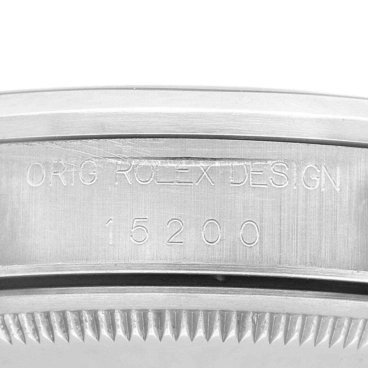 This image shows the side engraving on a Rolex Date 15200 Men's Stainless Steel Silver Dial model, highlighting the case model number "15200."