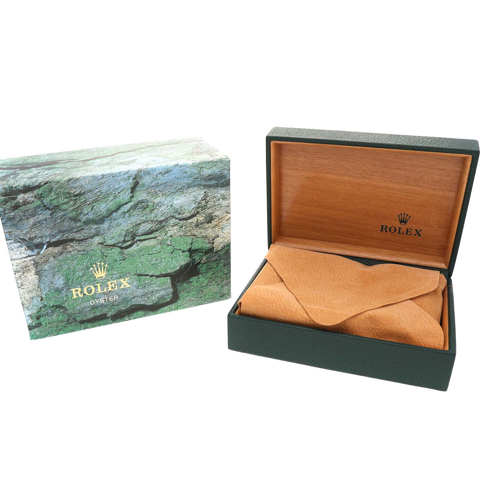 The image shows a Rolex Date 15200 Men's Stainless Steel Silver Dial model watch box at an angle, including an open display box and an outer box with branding.