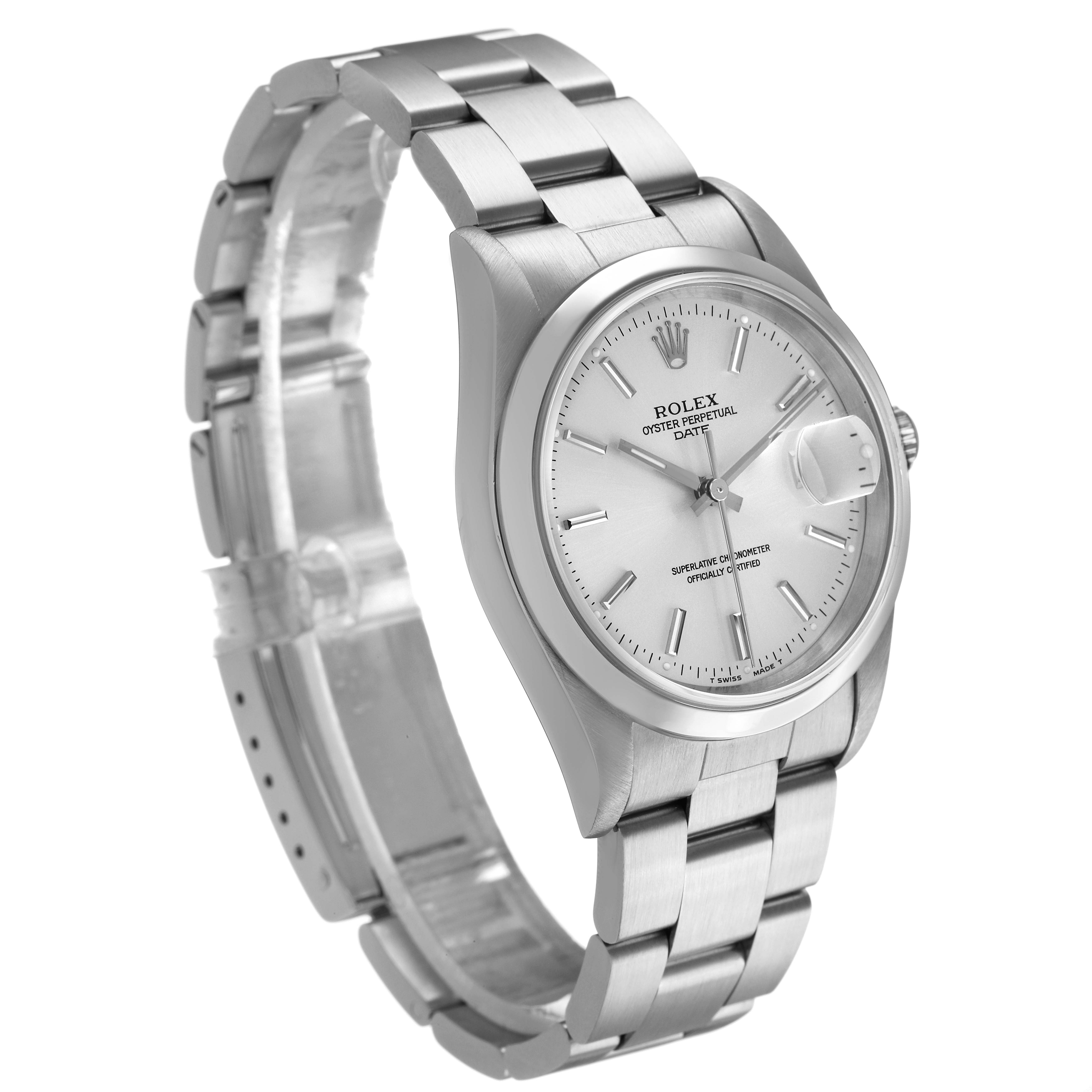 The Rolex Date 15200 Men's Stainless Steel Silver Dial model is shown at a three-quarter angle, highlighting the dial, bezel, case, and bracelet.