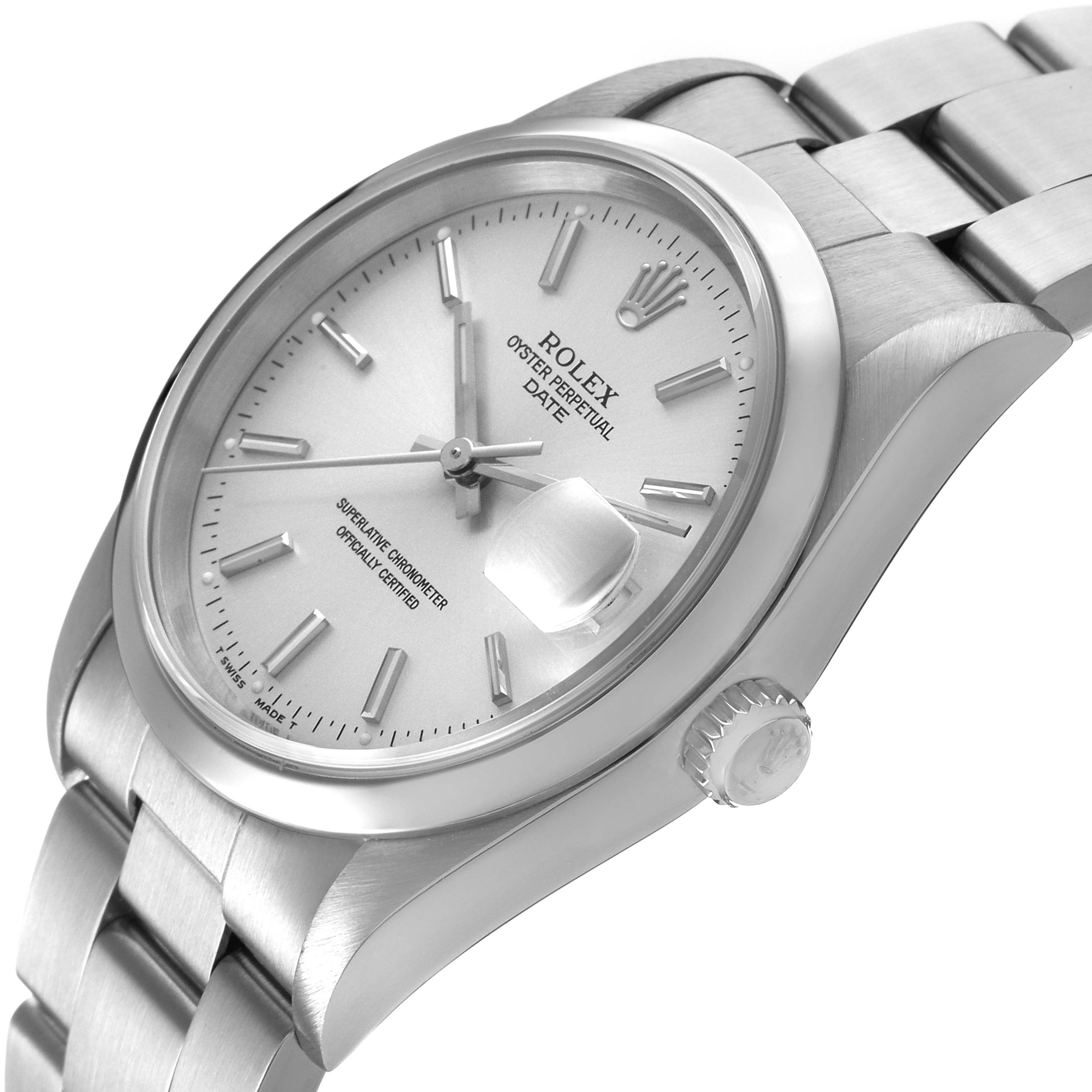 The Rolex Date 15200 Men's Stainless Steel Silver Dial model watch is shown at a tilted angle, highlighting the face, bezel, and bracelet.