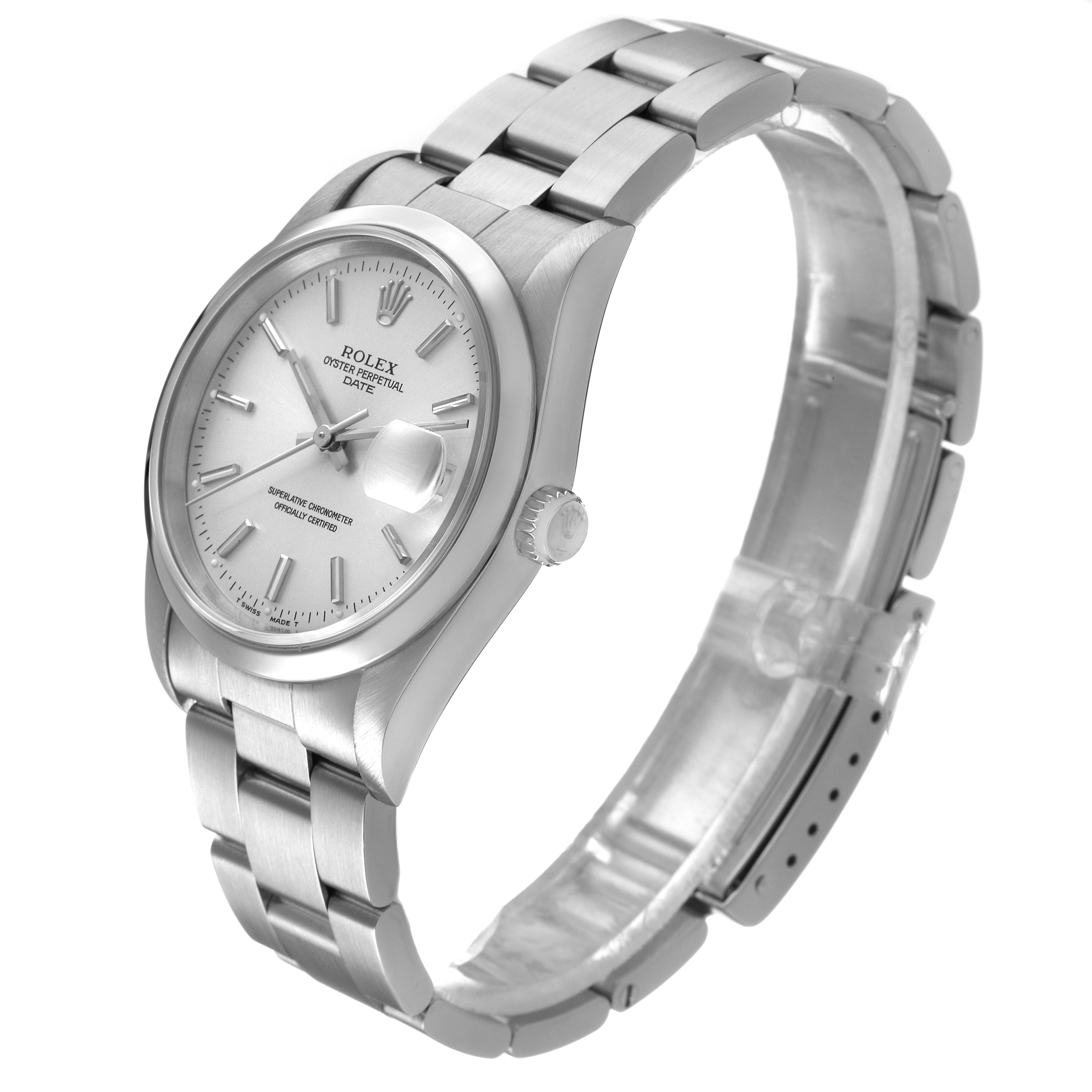 The Rolex Date 15200 Men's Stainless Steel Silver Dial model watch is shown at a three-quarter angle, displaying the face, bezel, crown, and bracelet.