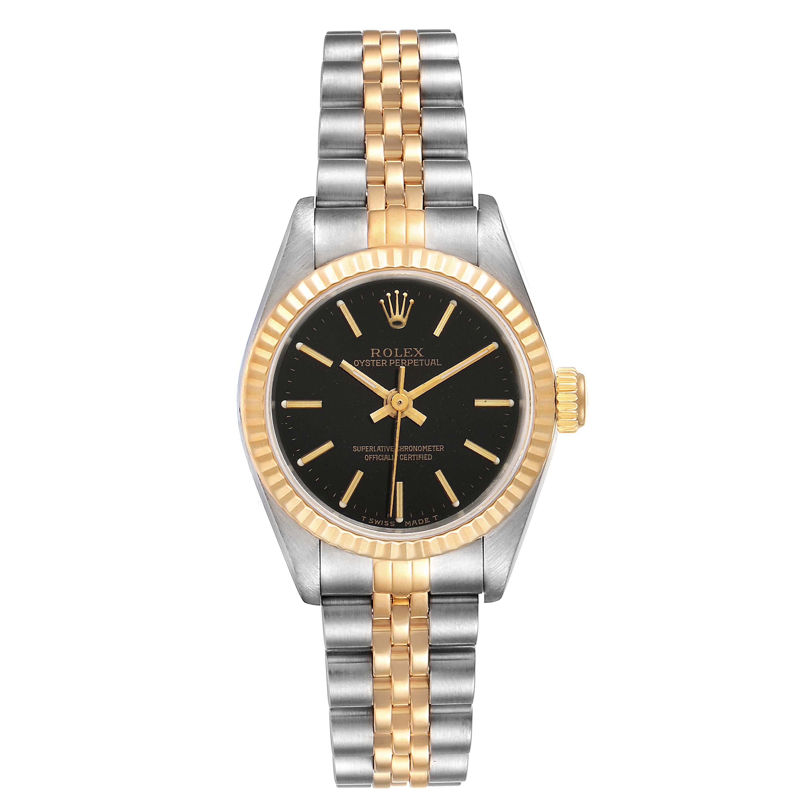 The Rolex Oyster Perpetual 67193 Women
s Steel and Gold (two tone) Black Dial 67193 Women
s Steel and Gold (two tone) Black Dial watch is shown from a straight-on angle, displaying its face, bezel, and bracelet.