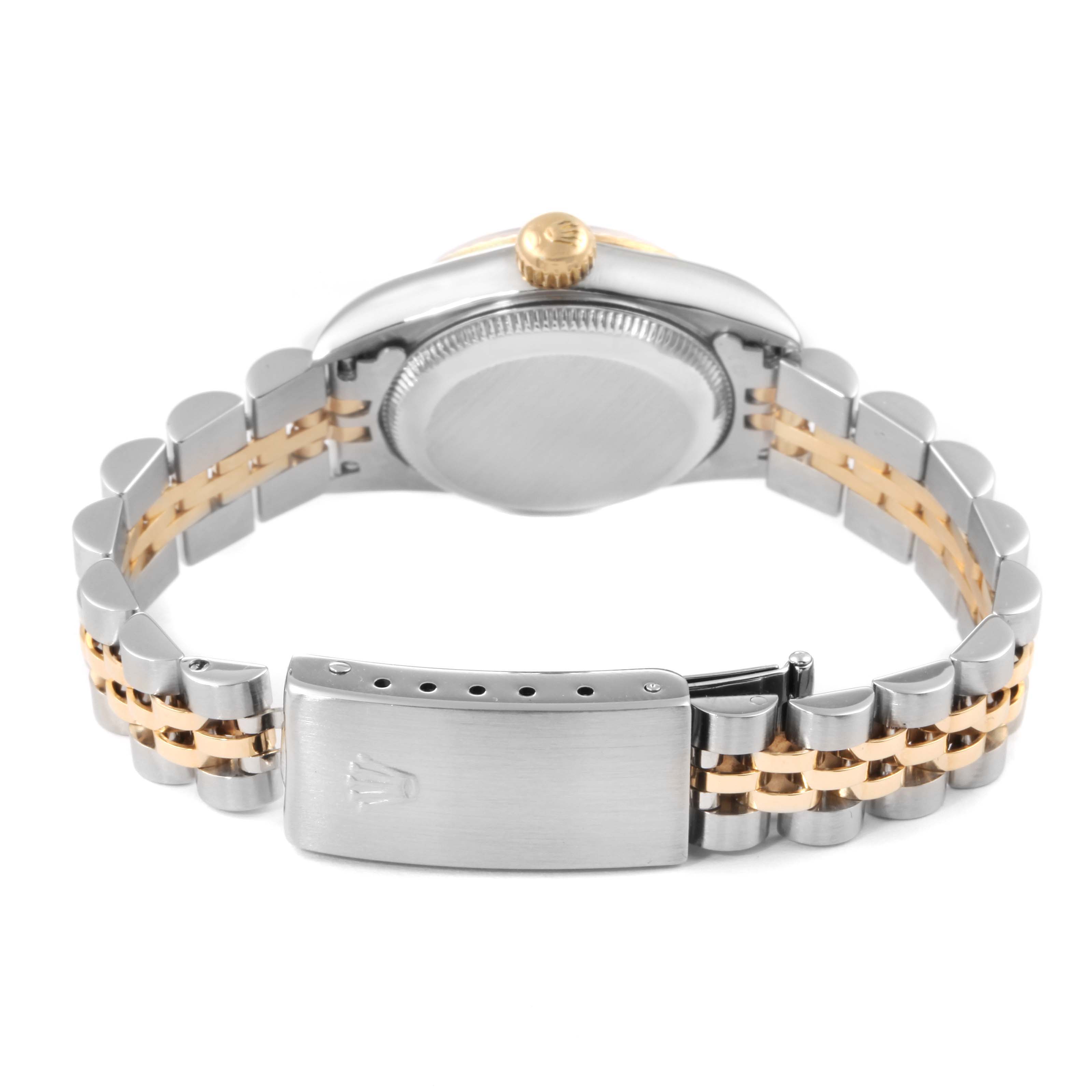 The image shows the Oyster Perpetual Rolex watch from the back, highlighting its case back, bracelet, and clasp.