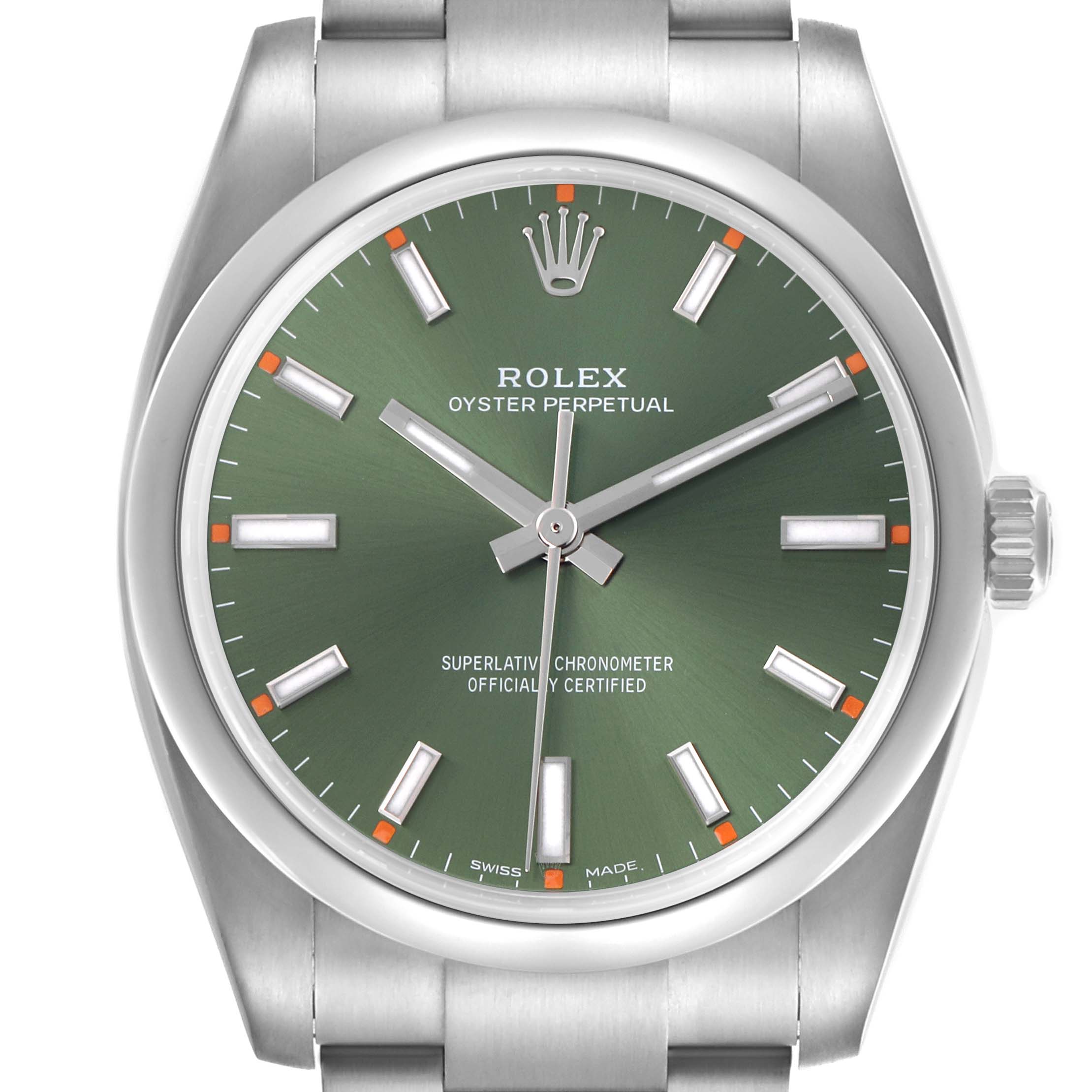 The Rolex Oyster Perpetual 114200 Men's Stainless Steel Green Dial 114200 Men's Stainless Steel Green Dial watch is shown from a front angle, displaying the green dial, markers, and part of the bracelet.