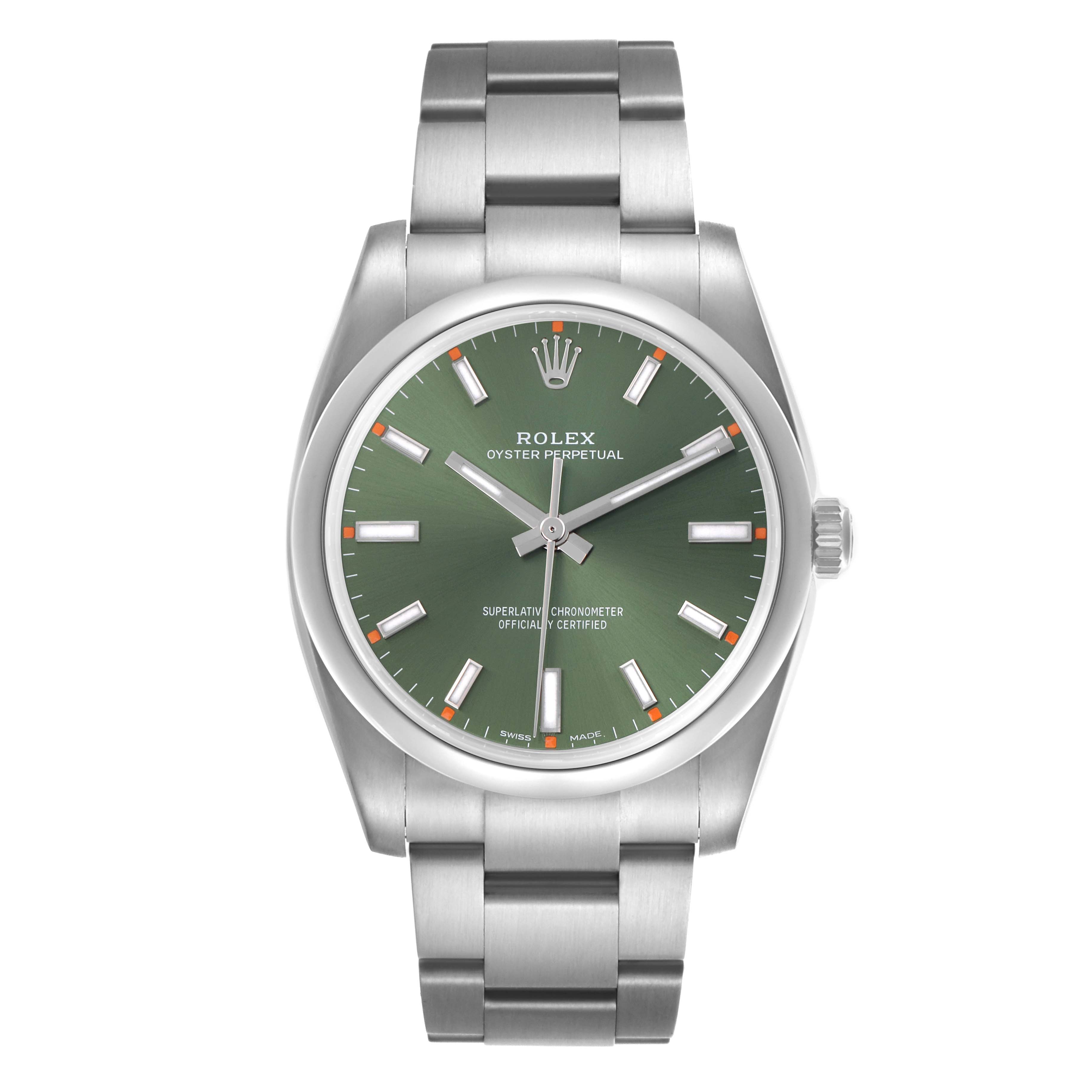 This Rolex Oyster Perpetual 114200 Men's Stainless Steel Green Dial 114200 Men's Stainless Steel Green Dial watch is shown in a front view, highlighting the green dial, hands, markers, case, and bracelet.