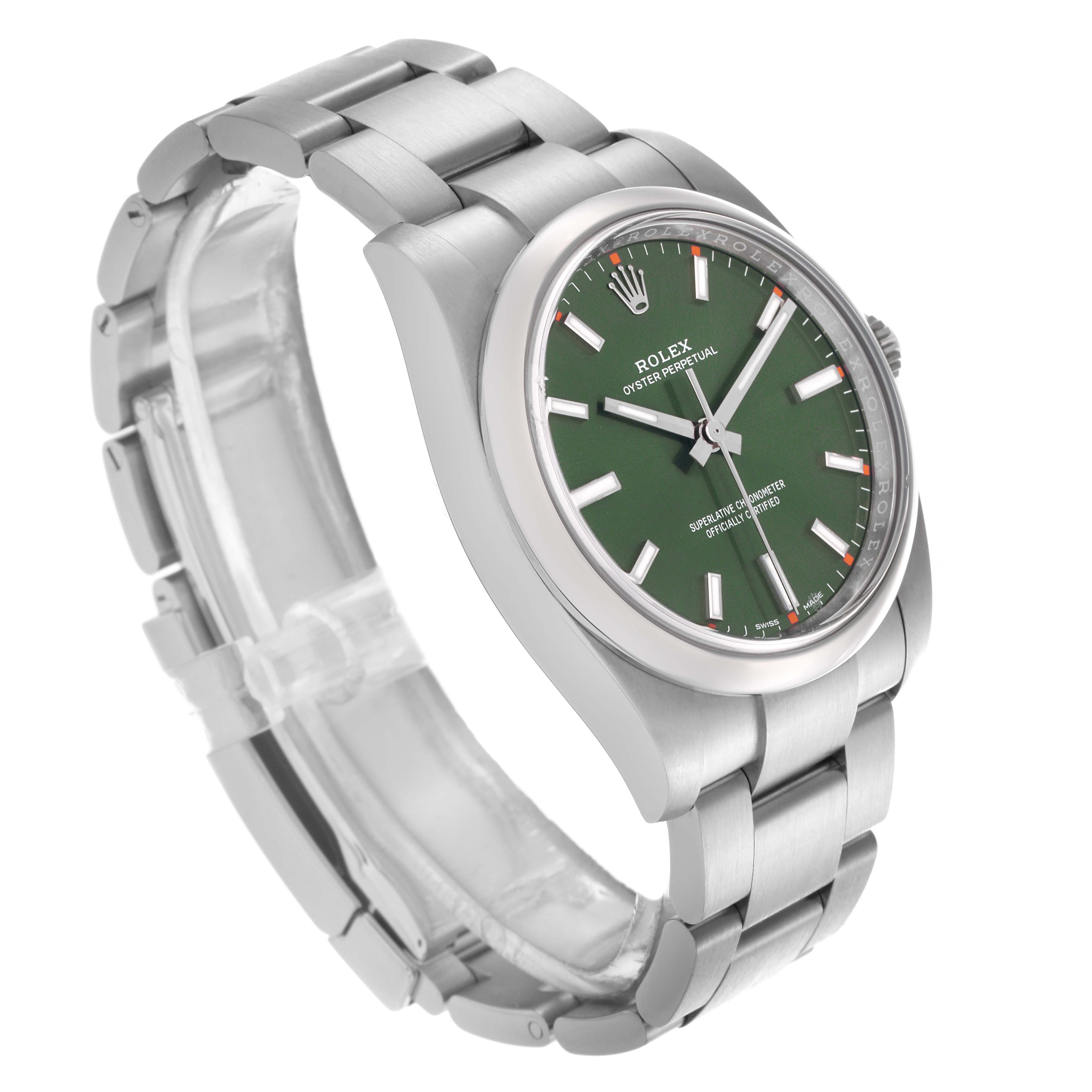 The Rolex Oyster Perpetual 114200 Men's Stainless Steel Green Dial 114200 Men's Stainless Steel Green Dial watch is shown at a slight side angle, highlighting its green dial and silver bracelet.