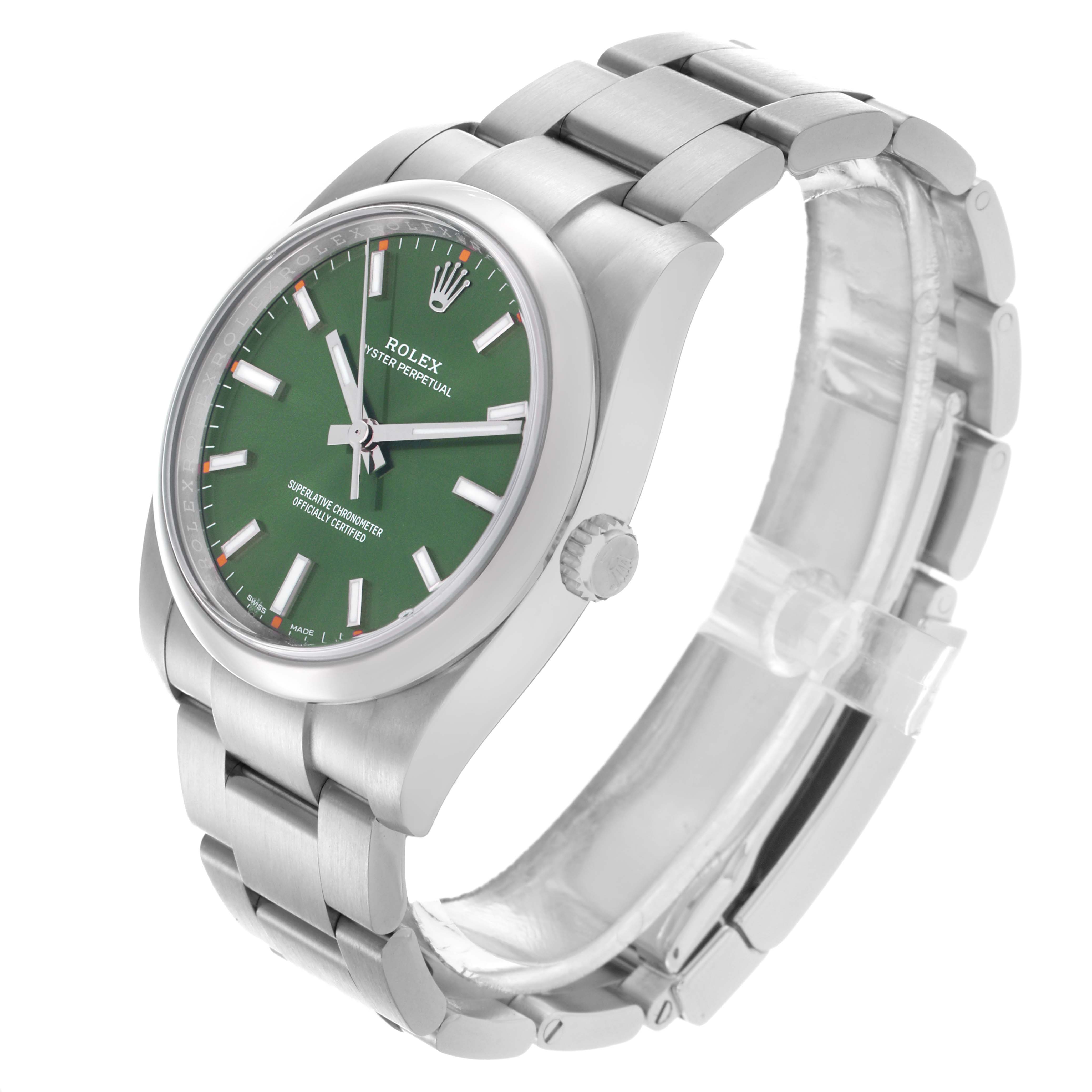 The Rolex Oyster Perpetual 114200 Men's Stainless Steel Green Dial 114200 Men's Stainless Steel Green Dial watch is shown at a three-quarter angle, highlighting the green dial, bezel, crown, and bracelet.