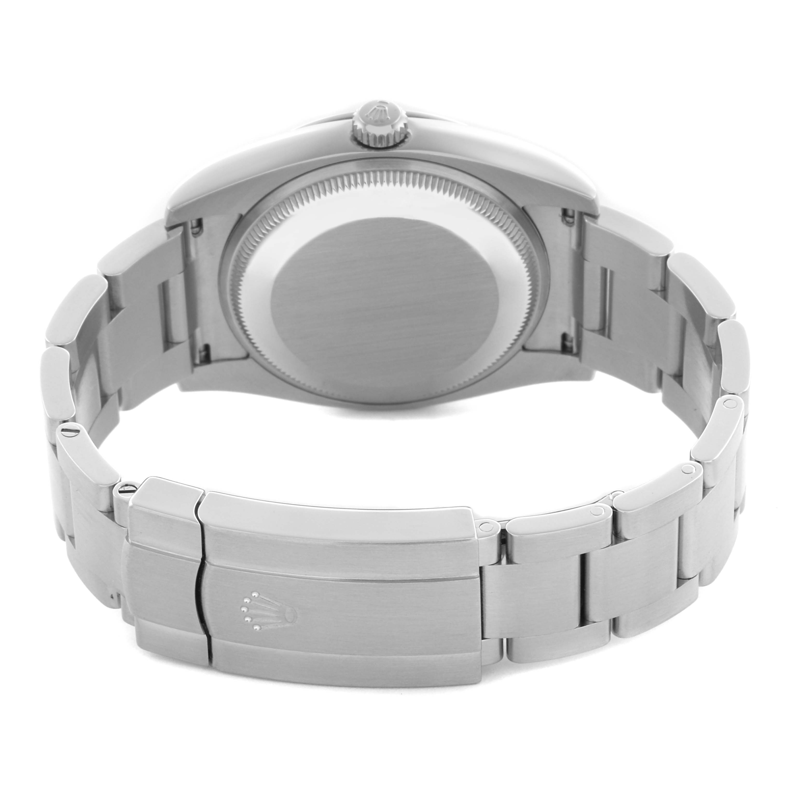 The image shows the back view of a Rolex Oyster Perpetual 114200 Men's Stainless Steel Green Dial 114200 Men's Stainless Steel Green Dial, highlighting the case back, bracelet, and clasp.