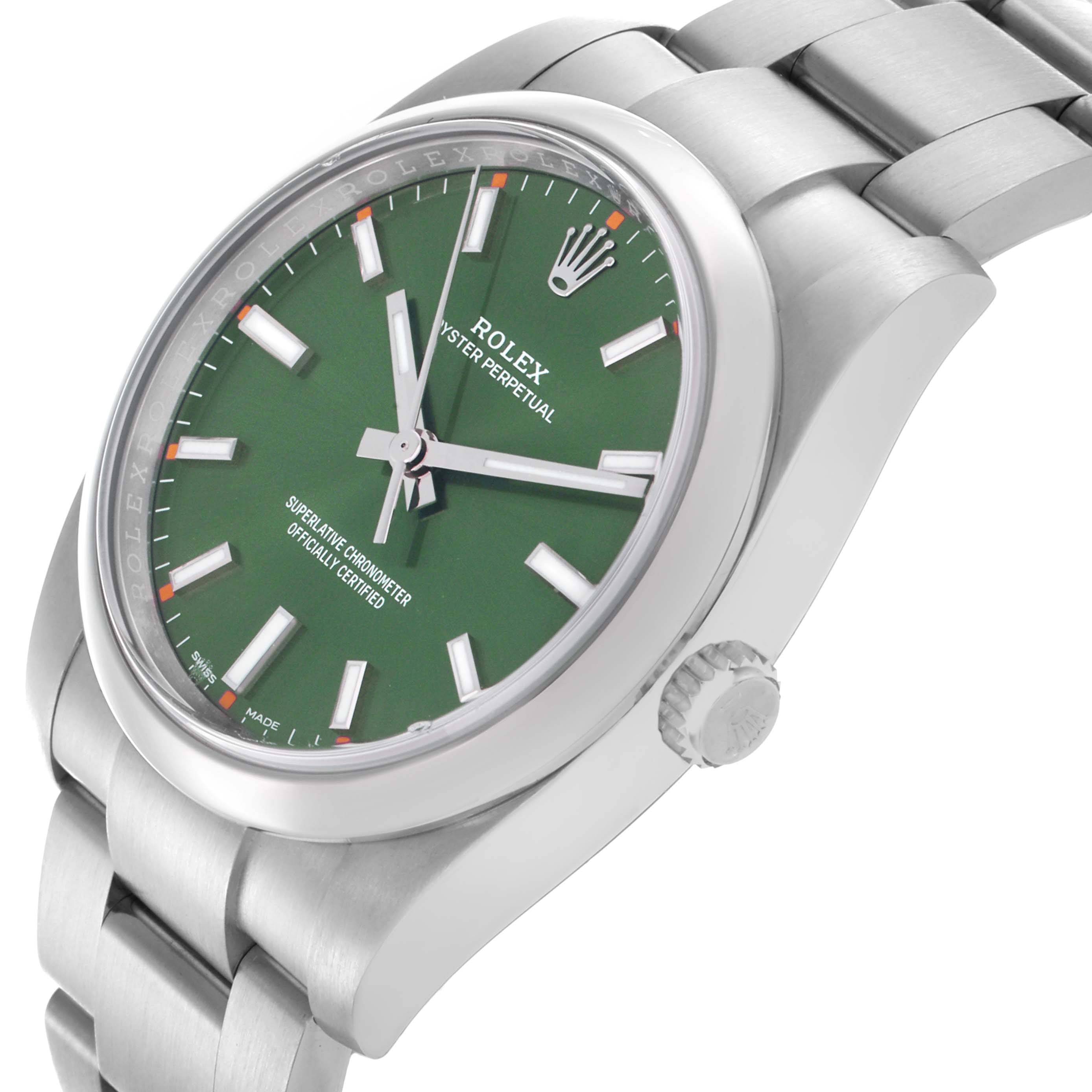 The Rolex Oyster Perpetual 114200 Men's Stainless Steel Green Dial 114200 Men's Stainless Steel Green Dial watch is shown at a three-quarter angle, highlighting its green dial, crown, and stainless steel bracelet.