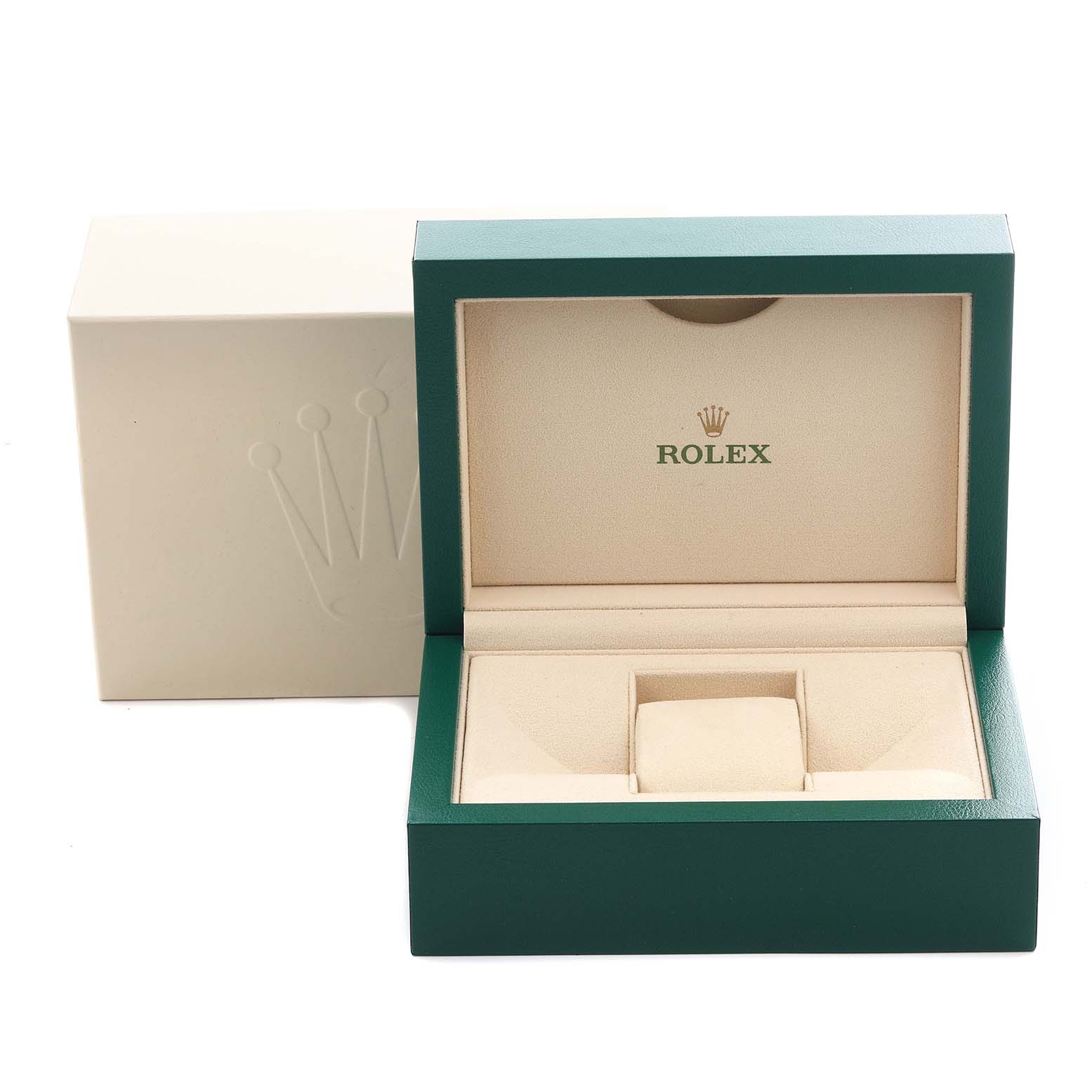 The image shows an open Rolex watch box, designed for the Oyster Perpetual model, with its interior and a closed outer box.