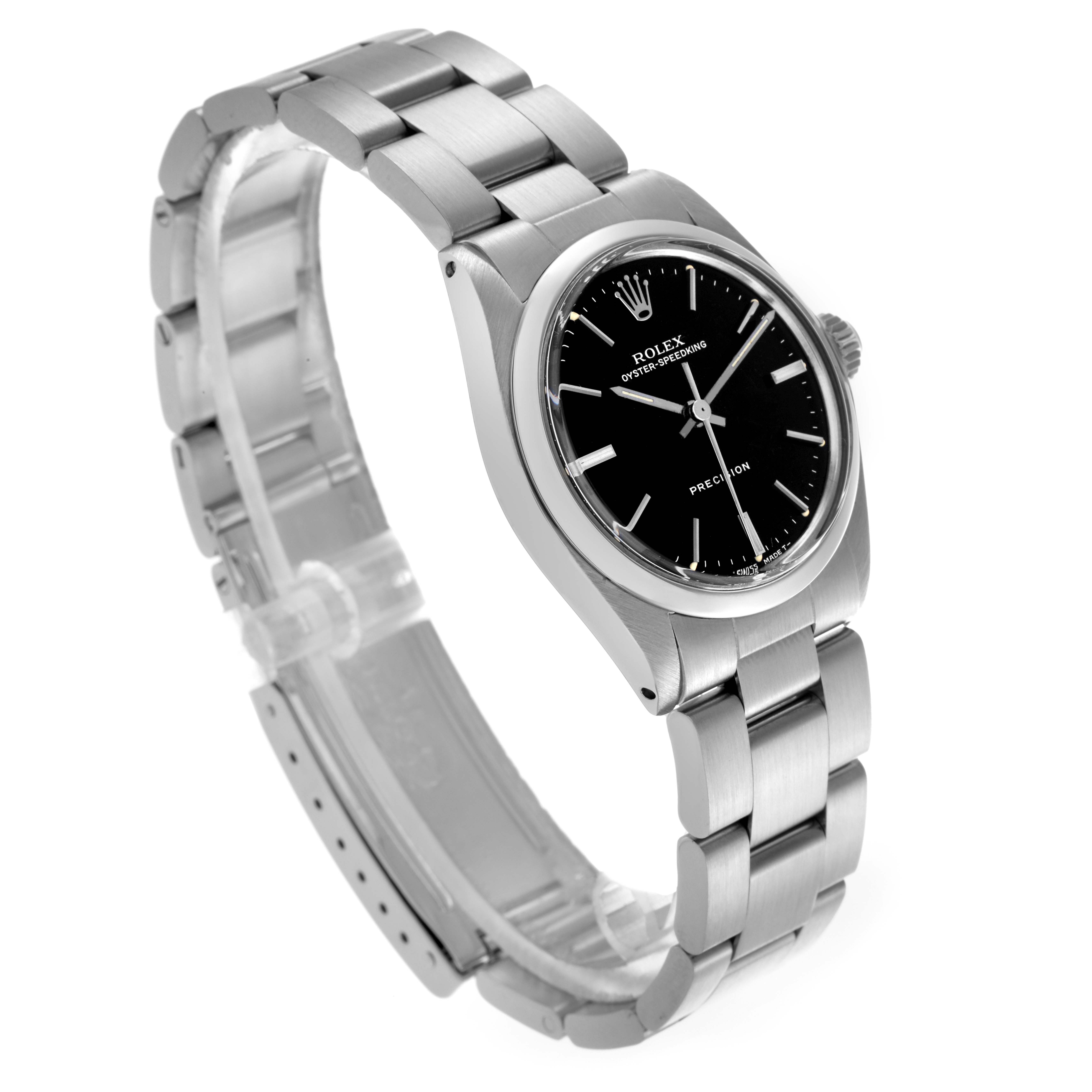 The Vintage Collection watch by Rolex is shown at a slight angle, highlighting its black dial, stainless steel case, and bracelet.