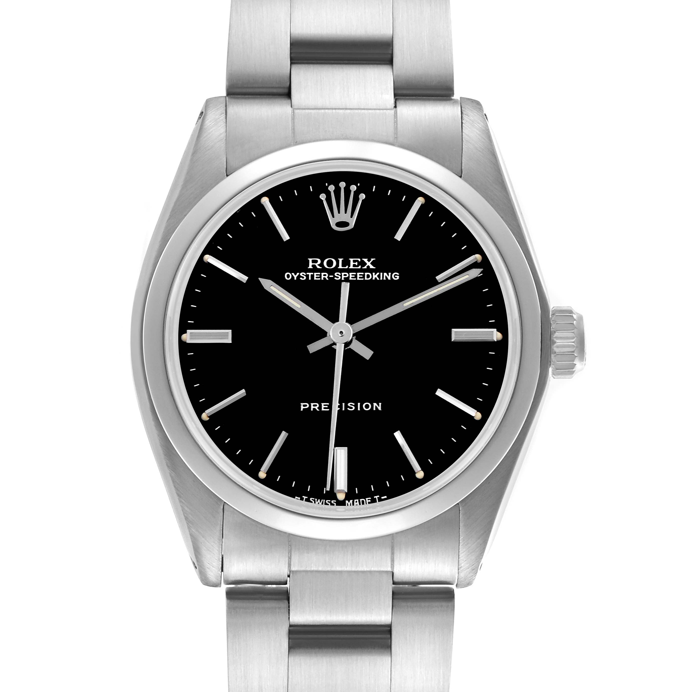 The image shows a Rolex Vintage Collection 6430 Men's Stainless Steel Black Dial 6430 Men's Stainless Steel Black Dial watch from a front angle, highlighting its black dial, crown, and stainless steel bracelet.