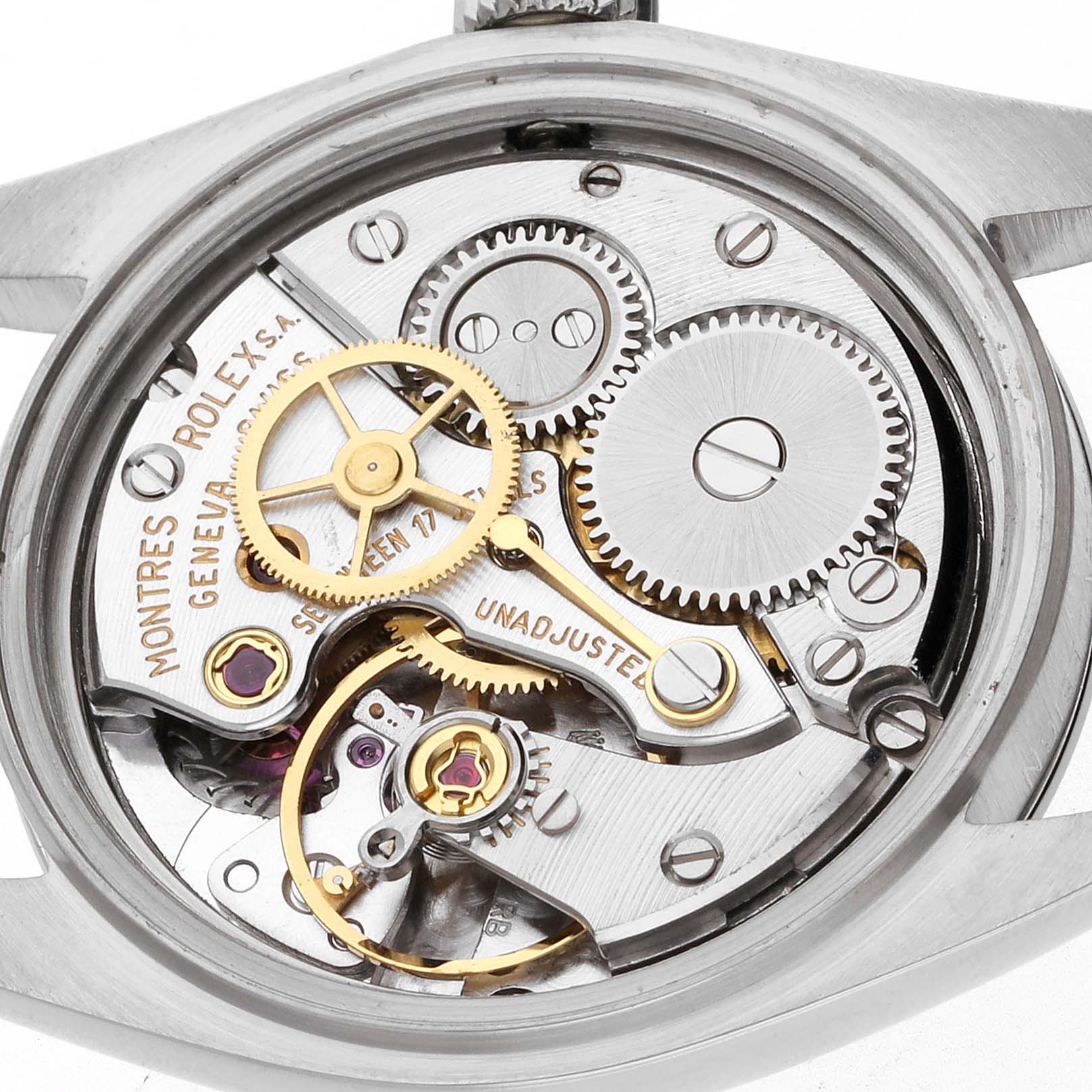 The image shows the internal gears and movement mechanisms of the Rolex Vintage Collection 6430 Men's Stainless Steel Black Dial 6430 Men's Stainless Steel Black Dial watch from the back angle.