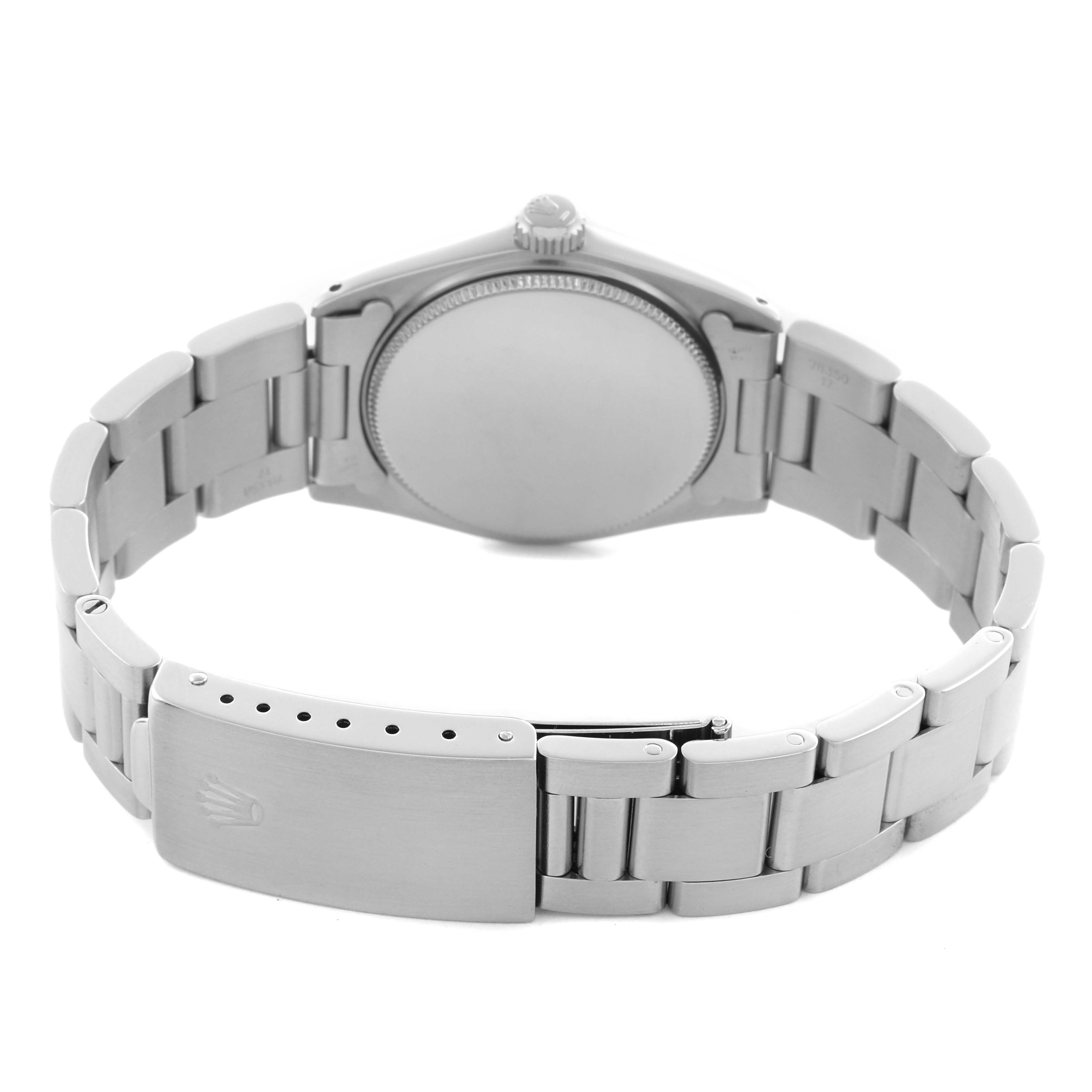 The image shows the back of a Rolex Vintage Collection 6430 Men's Stainless Steel Black Dial 6430 Men's Stainless Steel Black Dial watch, highlighting the case, crown, and clasp.