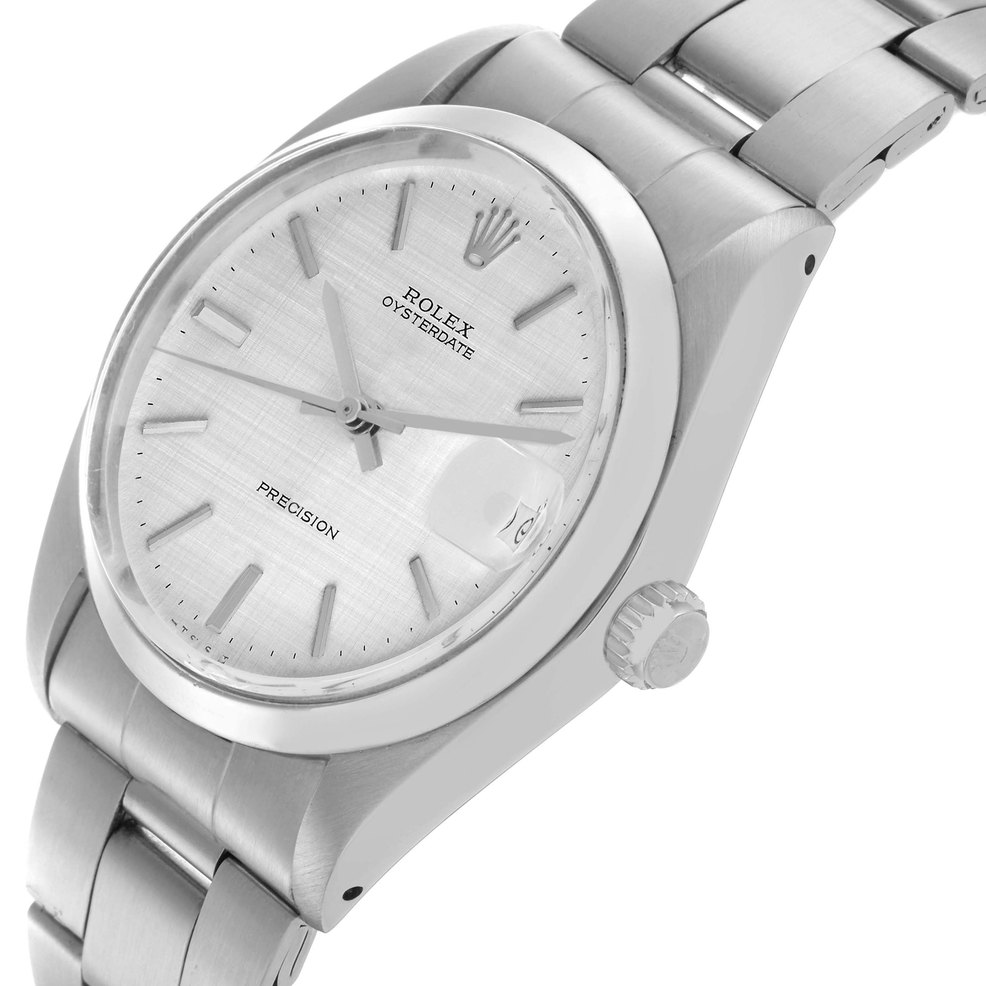The Rolex Date 6694 Men's Stainless Steel Silver Dial 6694 Men's Stainless Steel Silver Dial model watch is shown at an upper side angle, displaying the dial, case, crown, and part of the bracelet.