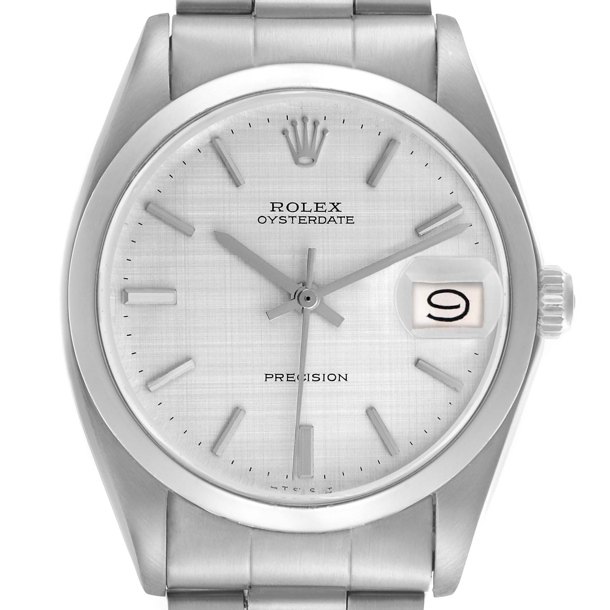 The Rolex Date 6694 Men's Stainless Steel Silver Dial 6694 Men's Stainless Steel Silver Dial model is shown from a front view, displaying the watch face, bezel, crown, and part of the bracelet.