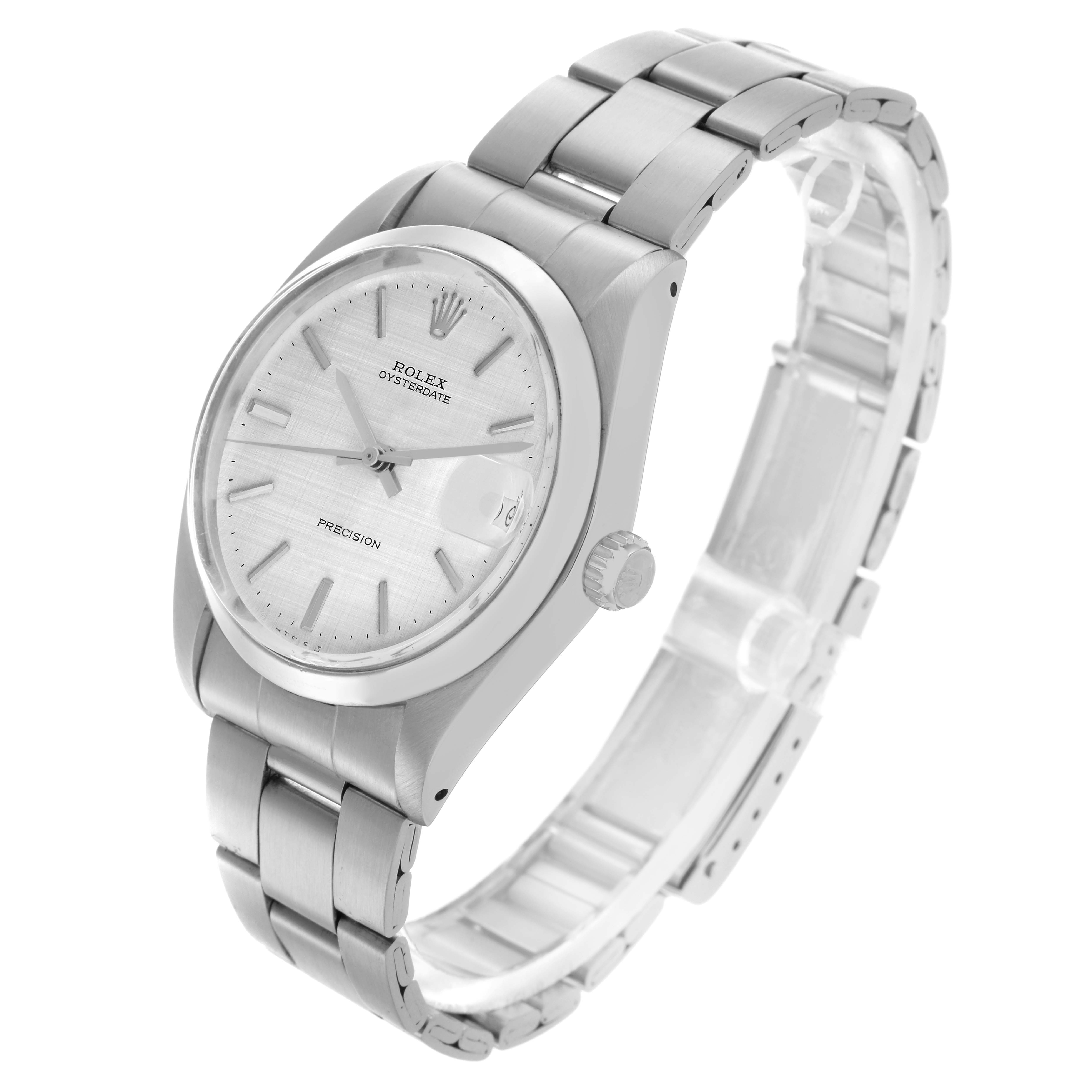 The Rolex Date 6694 Men's Stainless Steel Silver Dial 6694 Men's Stainless Steel Silver Dial model is shown from a side angle, highlighting the dial, crown, and bracelet.