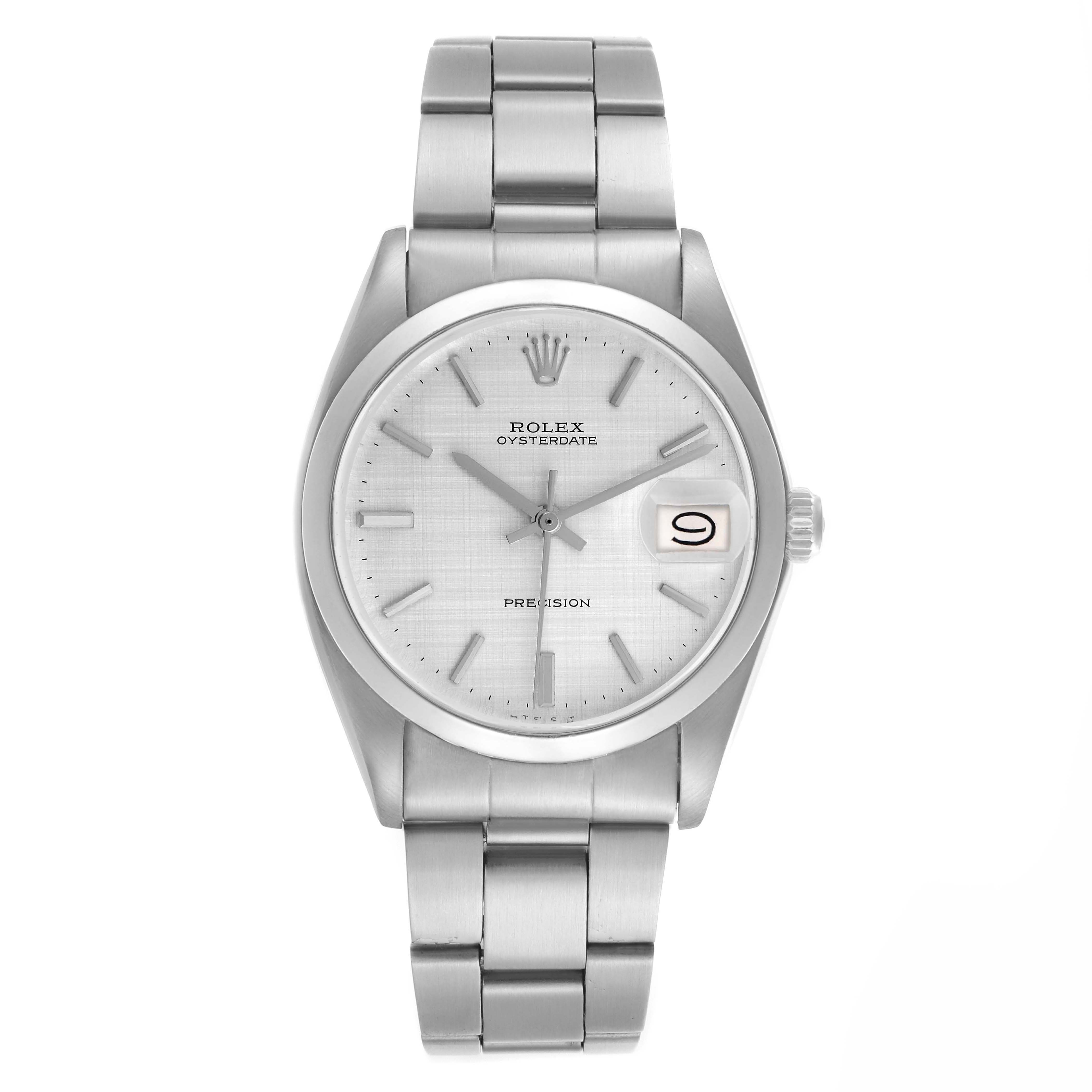 The Rolex Date 6694 Men's Stainless Steel Silver Dial 6694 Men's Stainless Steel Silver Dial model watch is shown from a front angle, displaying the dial, bracelet, and crown.