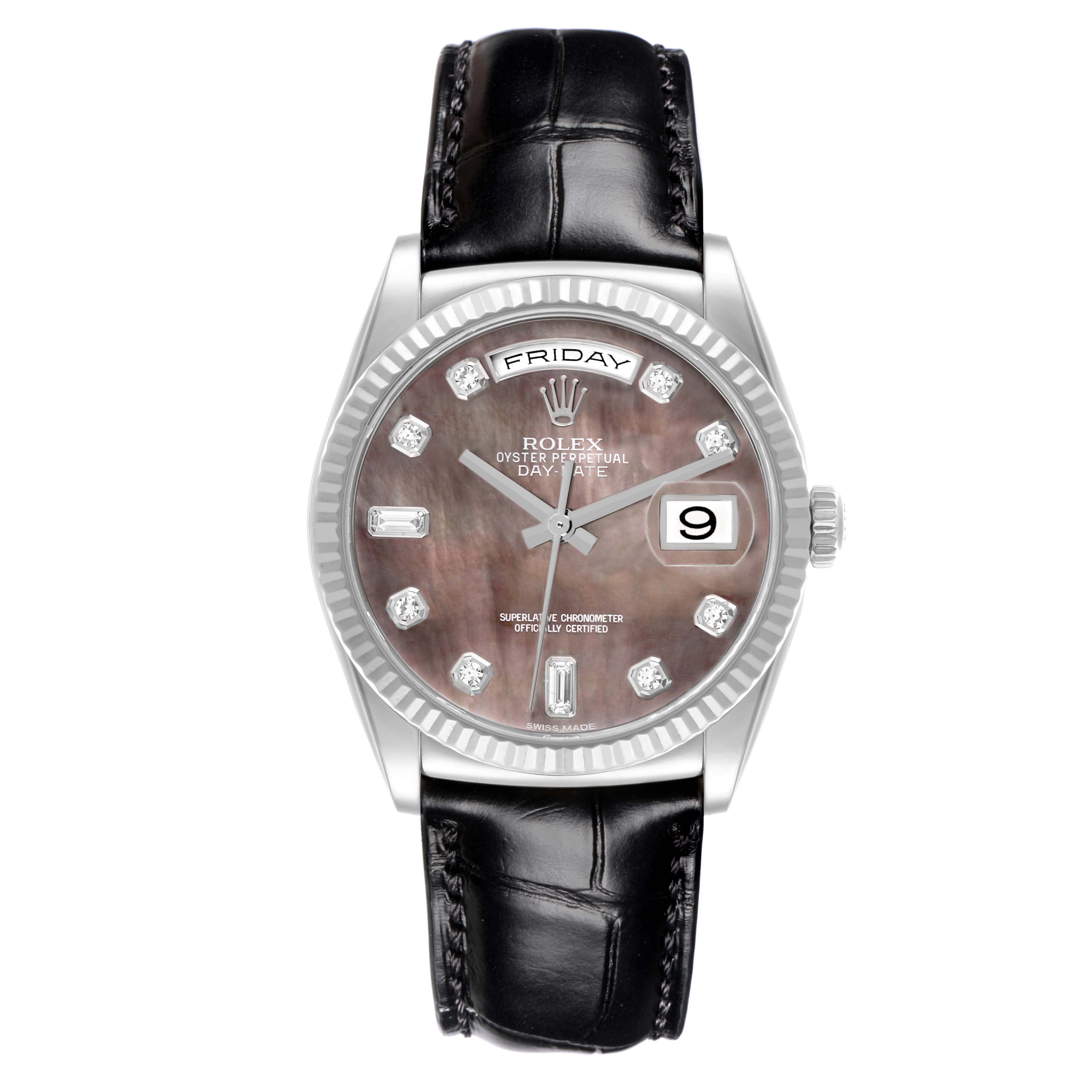 The Rolex President 118139 Men's White Gold Mother of Pearl Dial watch is shown from a front angle, highlighting the dial, bezel, and black leather strap.